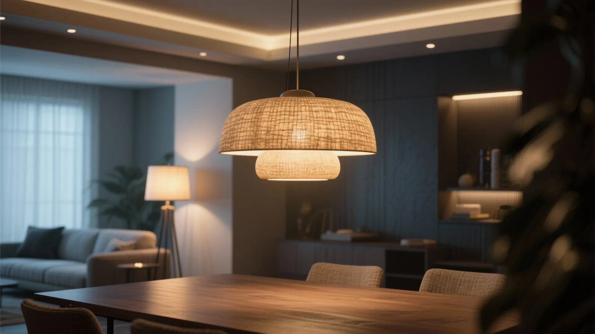 Statement pendant above dining table with floor lamp and dimmable ceiling lights creating layered warm lighting.