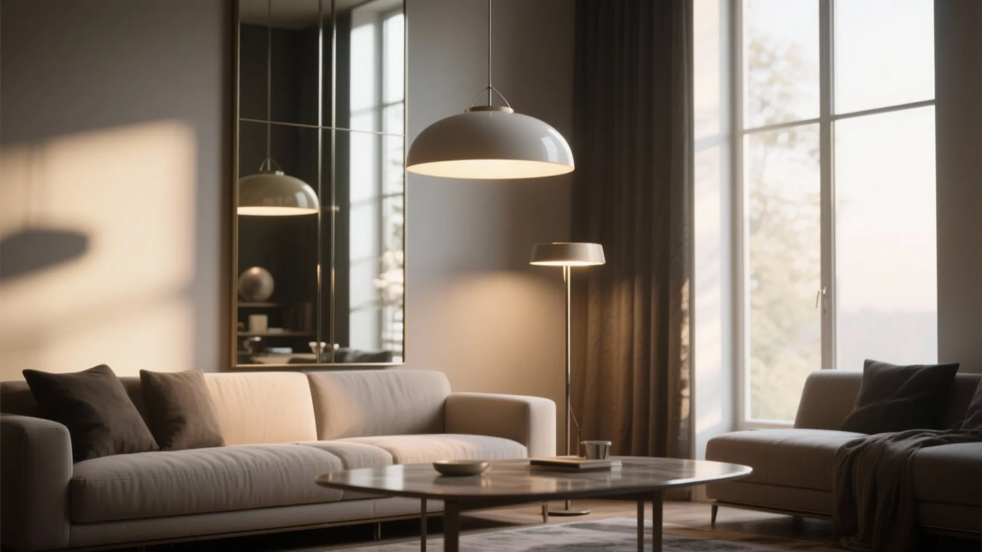 Cozy living room interior featuring warm light from a ceiling light floor lamp and mirror