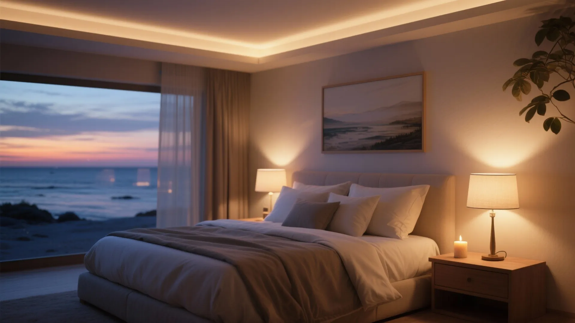 4. Layered Lighting and Seaside Scents