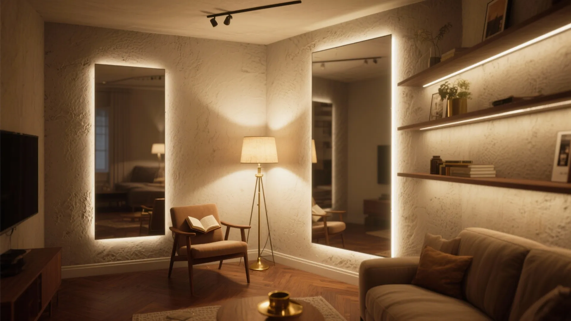 Warm living room featuring mirrors with lights, floor lamp, armchair, sofa, and glowing wall shelves