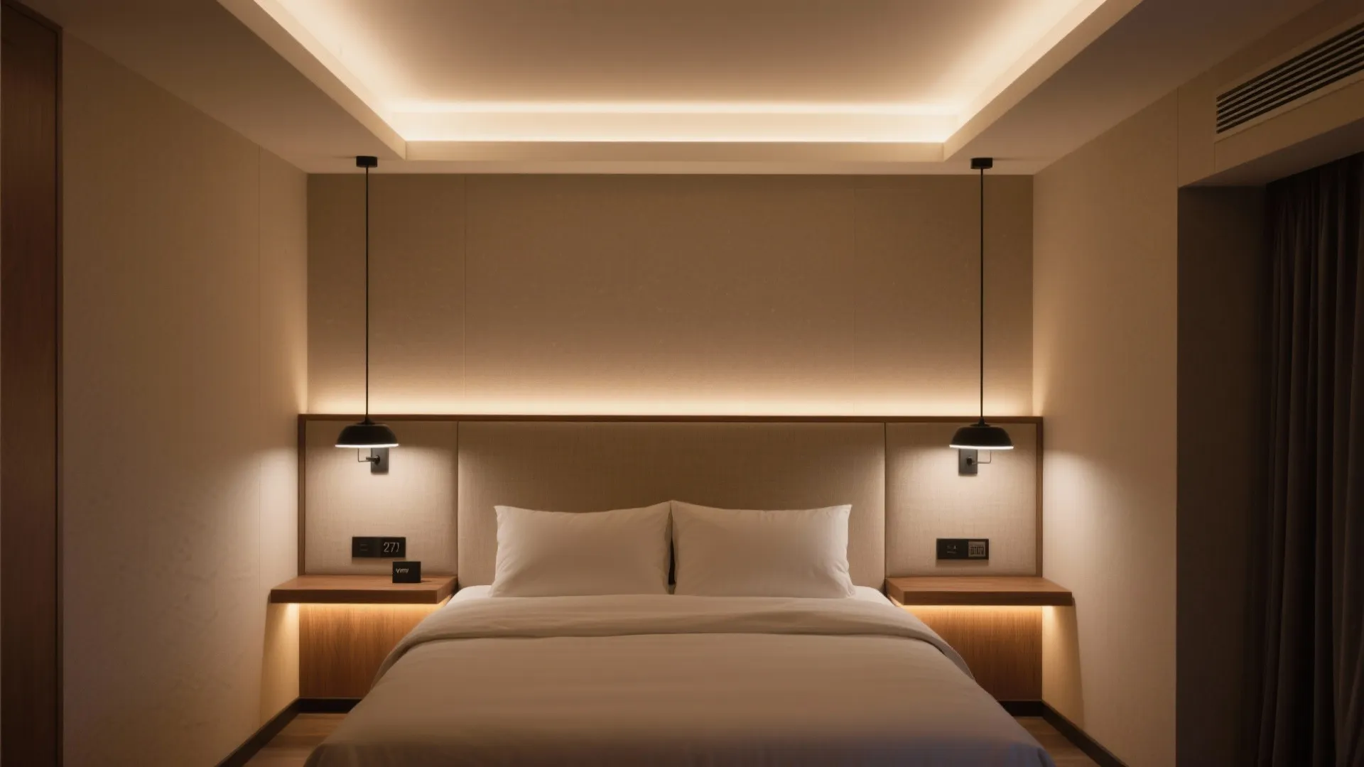 Bedroom interior with warm lighting from ceiling light fixtures and two black hanging bedside lights