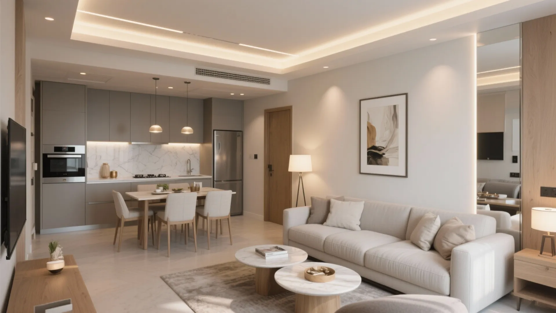 Layered lighting and subtle reflections to make rooms feel bigger