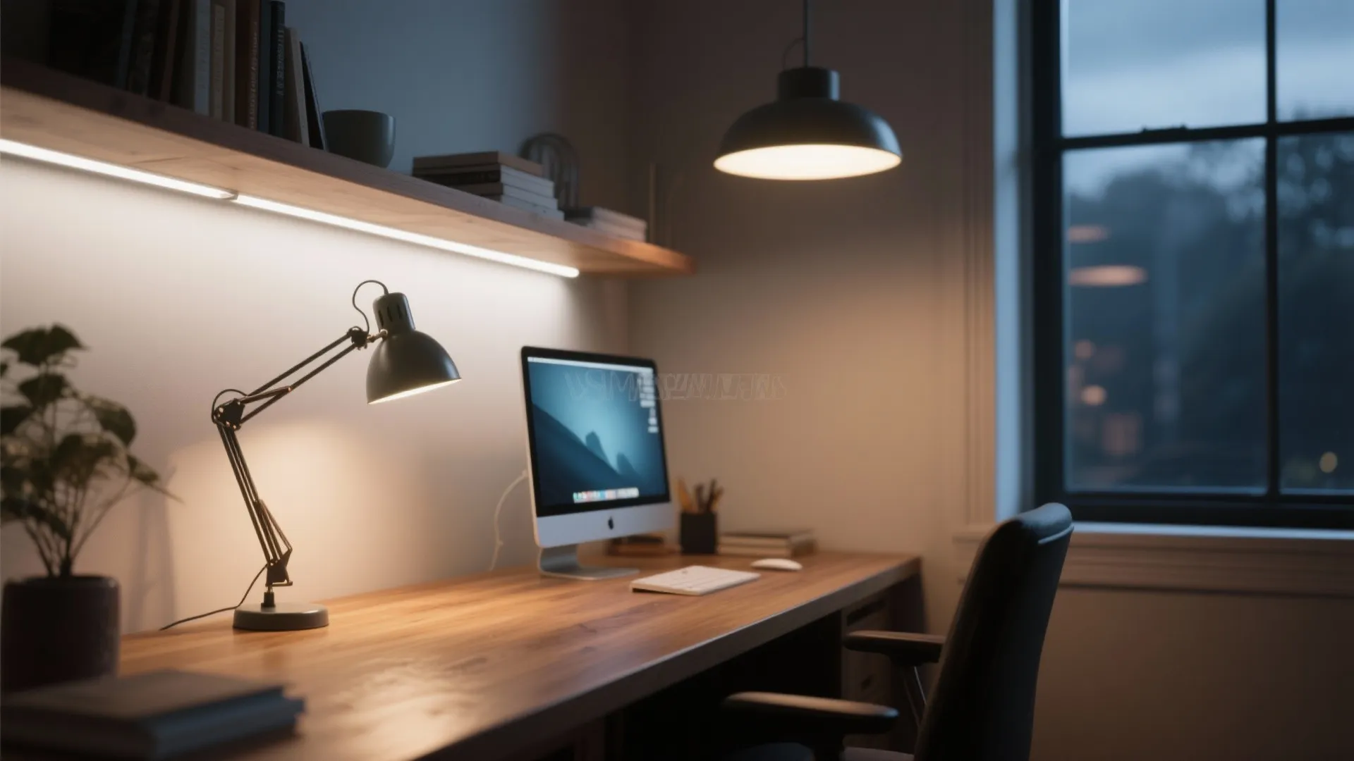 Wooden desk with computer, desk lamp, light strip under shelf, and warm hanging ceiling light