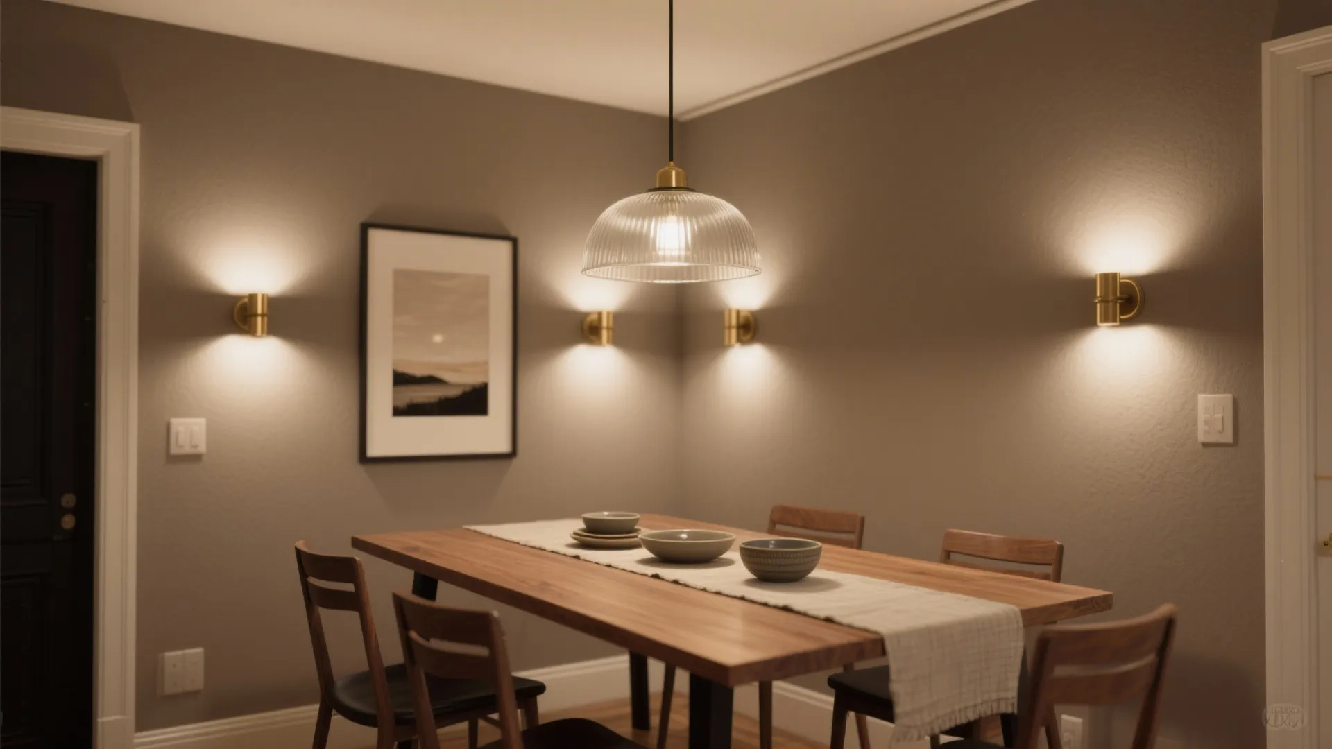 Dining room with wooden table and chairs featuring a ceiling light and several wall lights