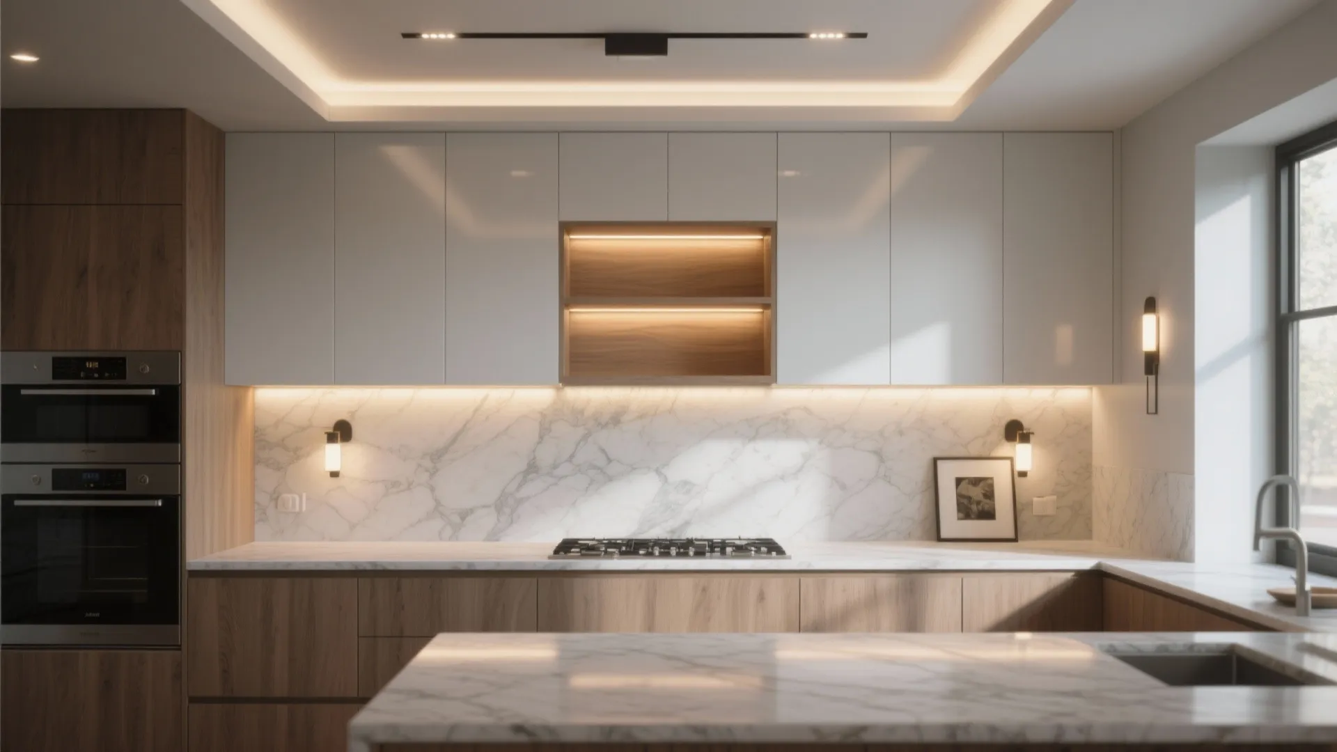 Contemporary kitchen showing ambient recessed light, under-cabinet task lighting, and accent lights on a backsplash.