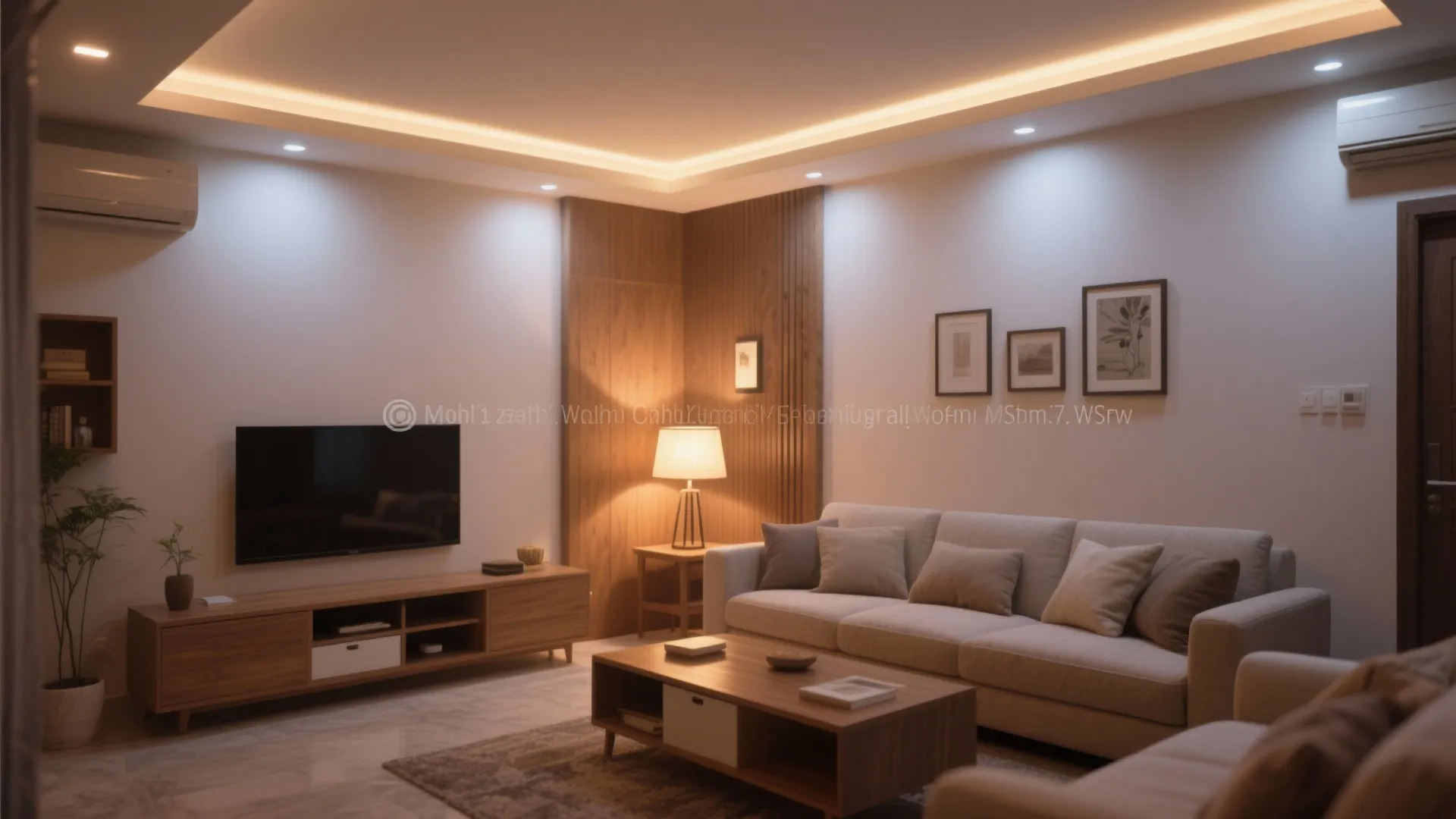 Warm living room with ceiling light table lamp grey sofa wooden cabinet and flat screen television