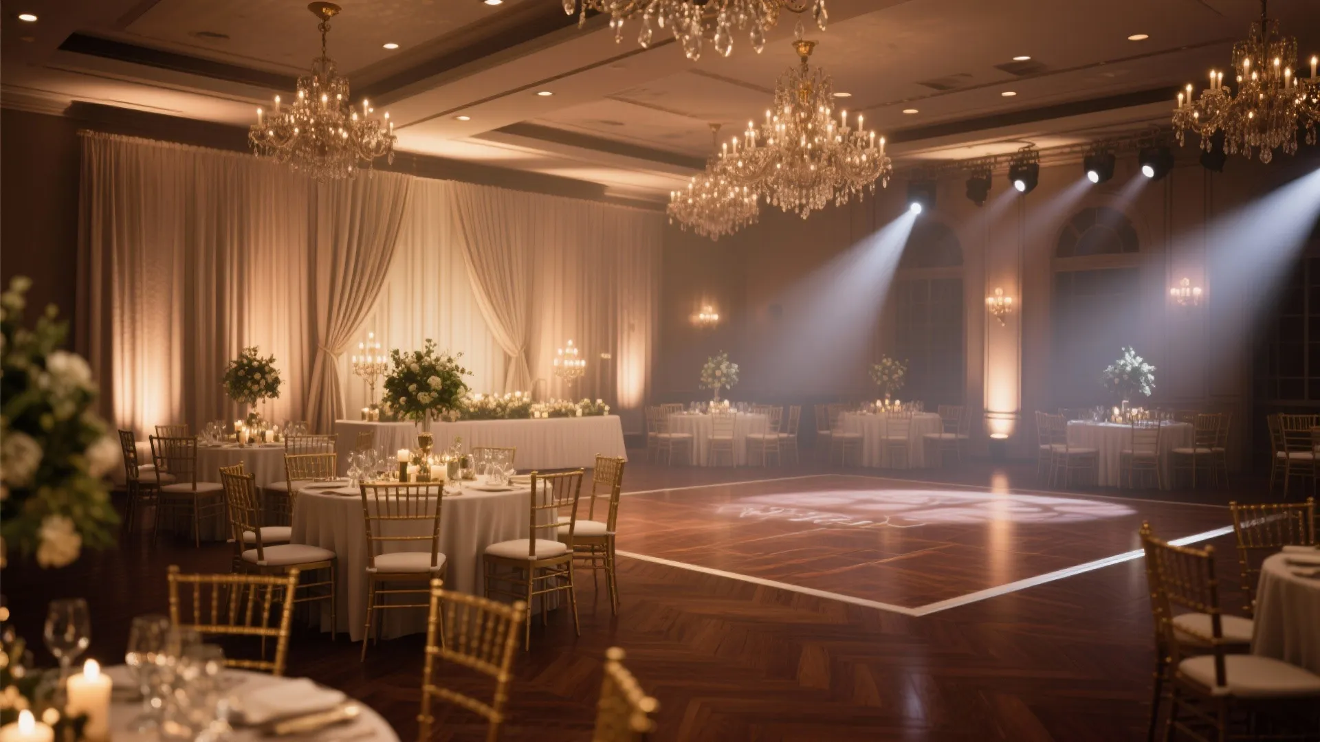 Large event hall with ceiling lights round tables white tablecloths golden chairs and a dance floor