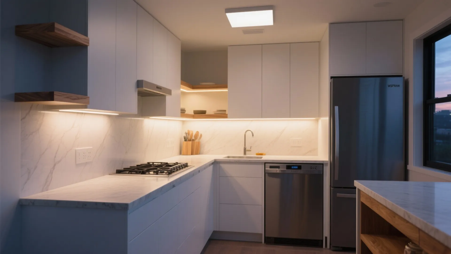 Layered Lighting + Slim, Panel-Ready Appliances