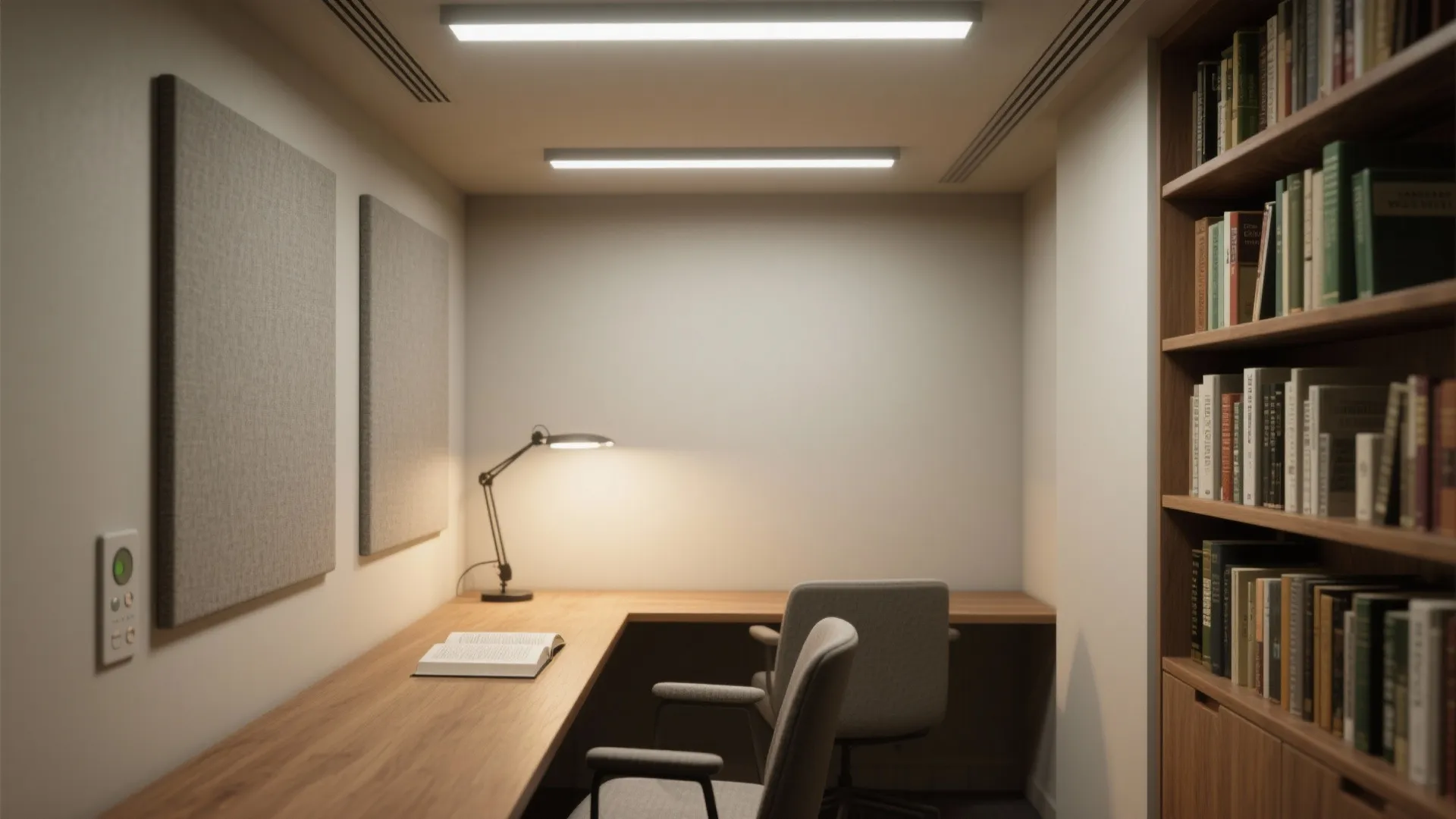 Small study room featuring wooden desk with desk lamp chairs and large floor to ceiling bookshelf