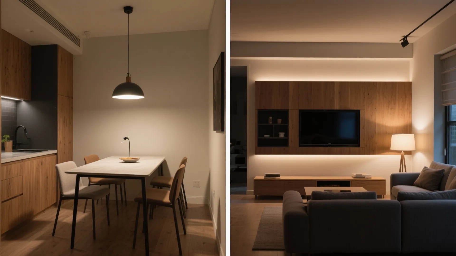 Layered Lighting: Ambient for TV, Task for Dining, Accent for Mood