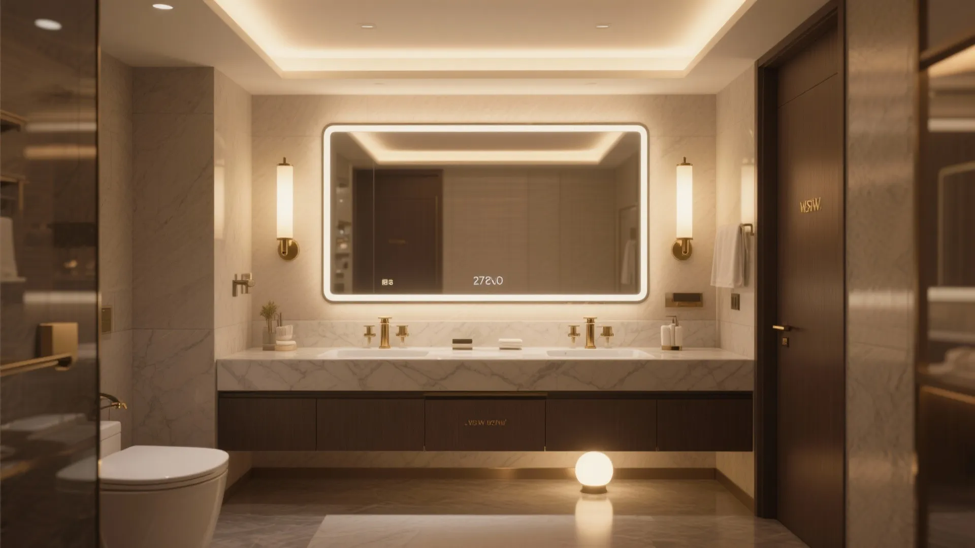 Luxury bathroom interior with marble double vanity large light mirror wall lights and warm ceiling light