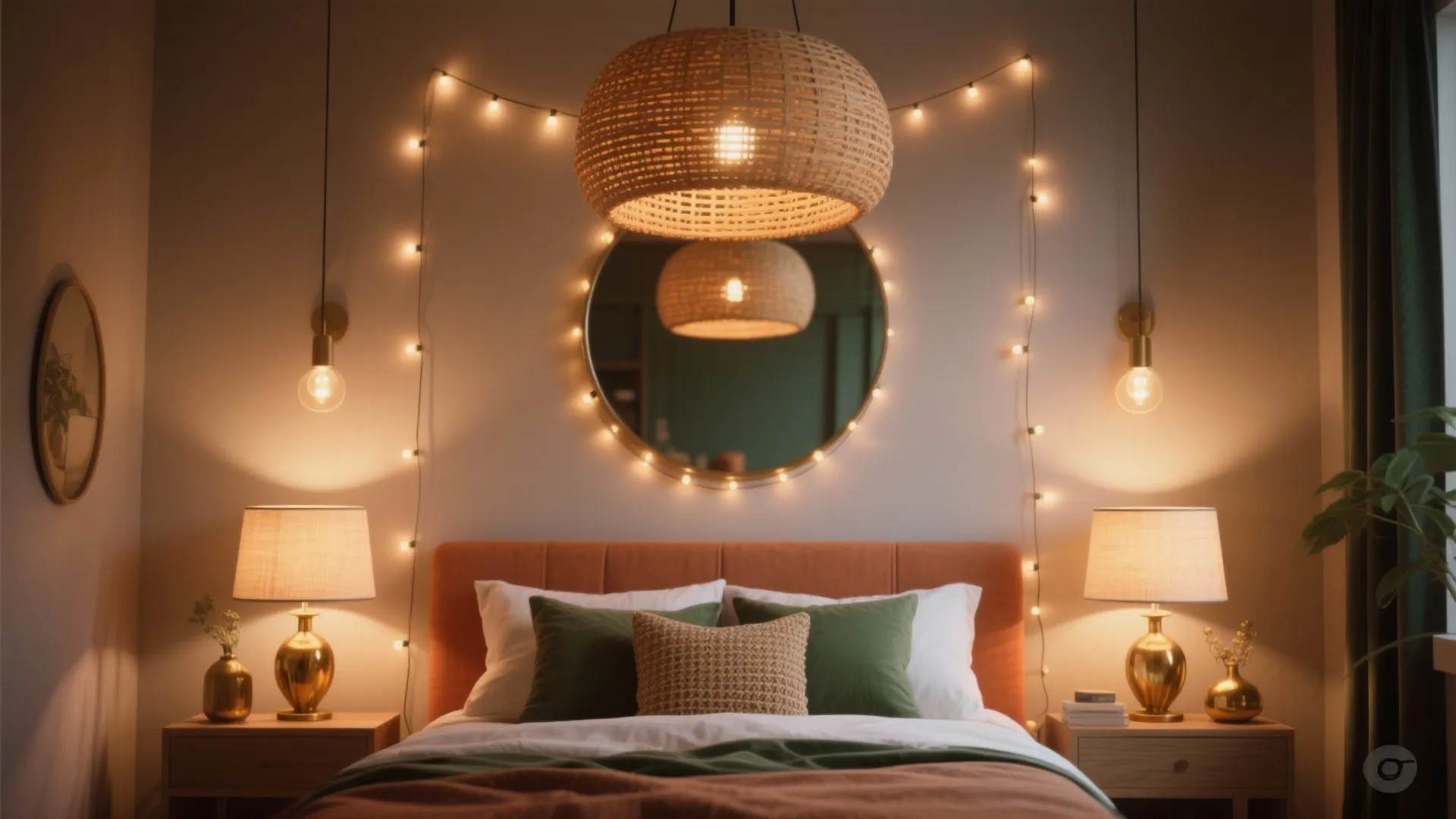 Bedroom interior featuring woven ceiling light, round mirror with string lights, and two gold table lamps