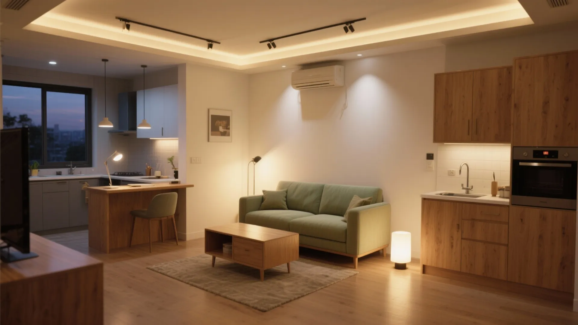 Layered lighting and light woods to warm and widen