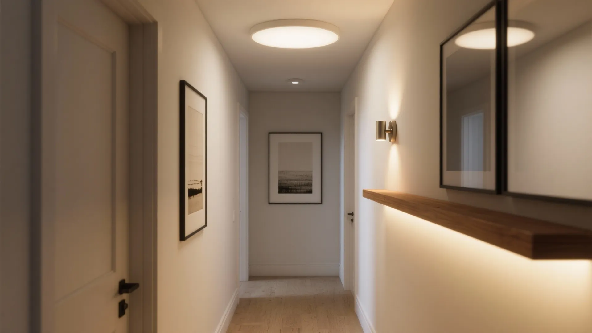 Modern narrow hallway featuring a warm ceiling light, wall light, wooden shelf, and framed artwork