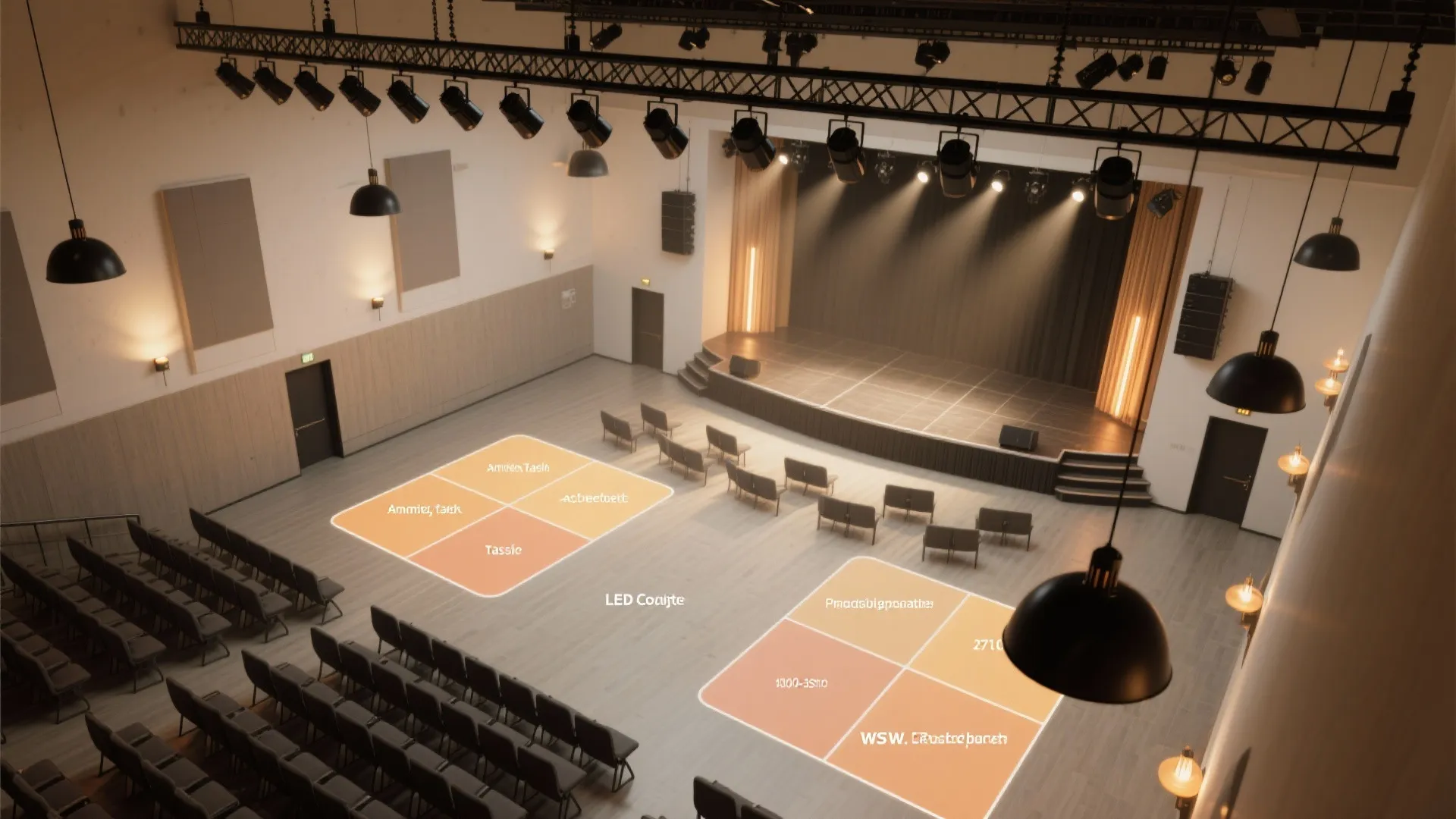 Top-down plan showing layered lighting scenes—ambient, task, accent, and decorative—for a multipurpose hall.