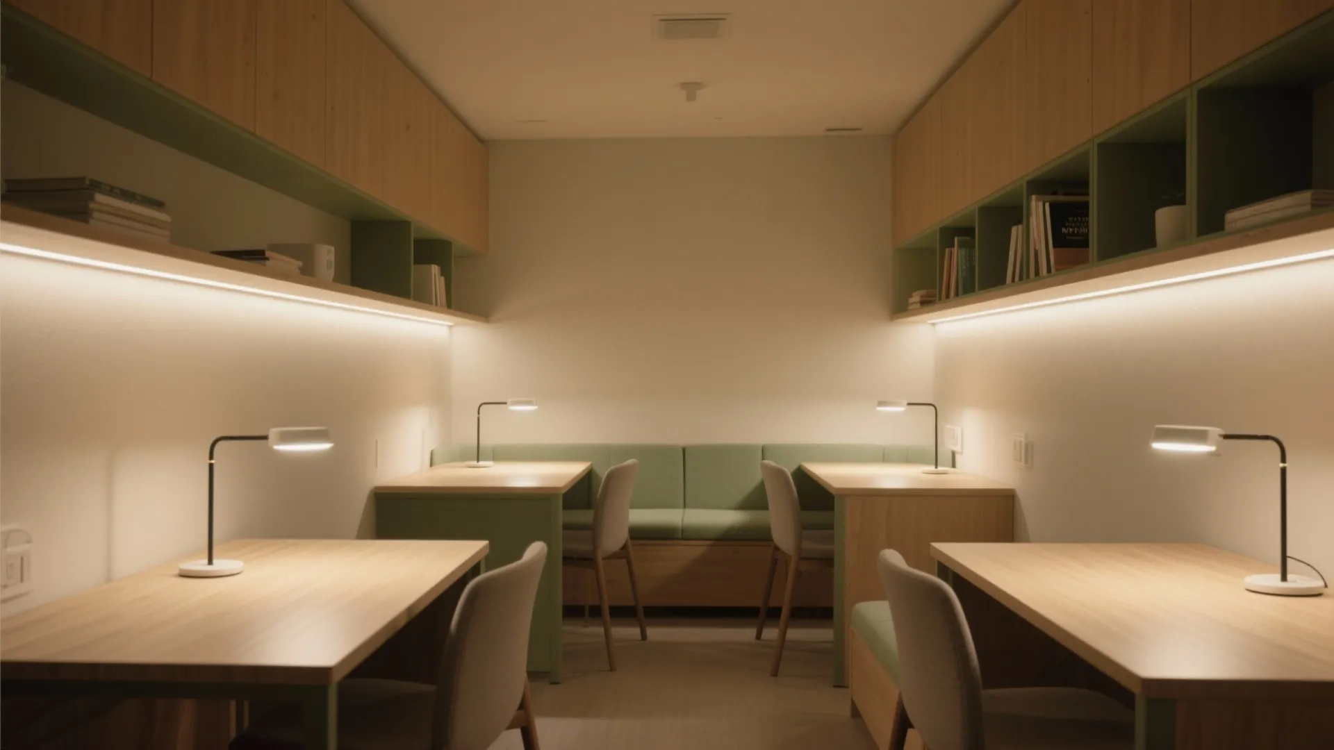 Modern study room with wooden desks desk lamps wall lights green sofa seating and wooden cabinets
