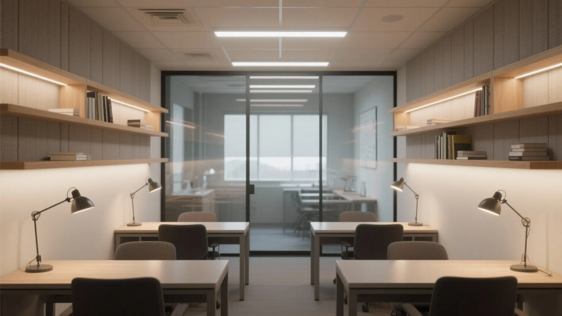 Modern study area with wooden desks black chairs desk lamps wall shelves and glass sliding doors