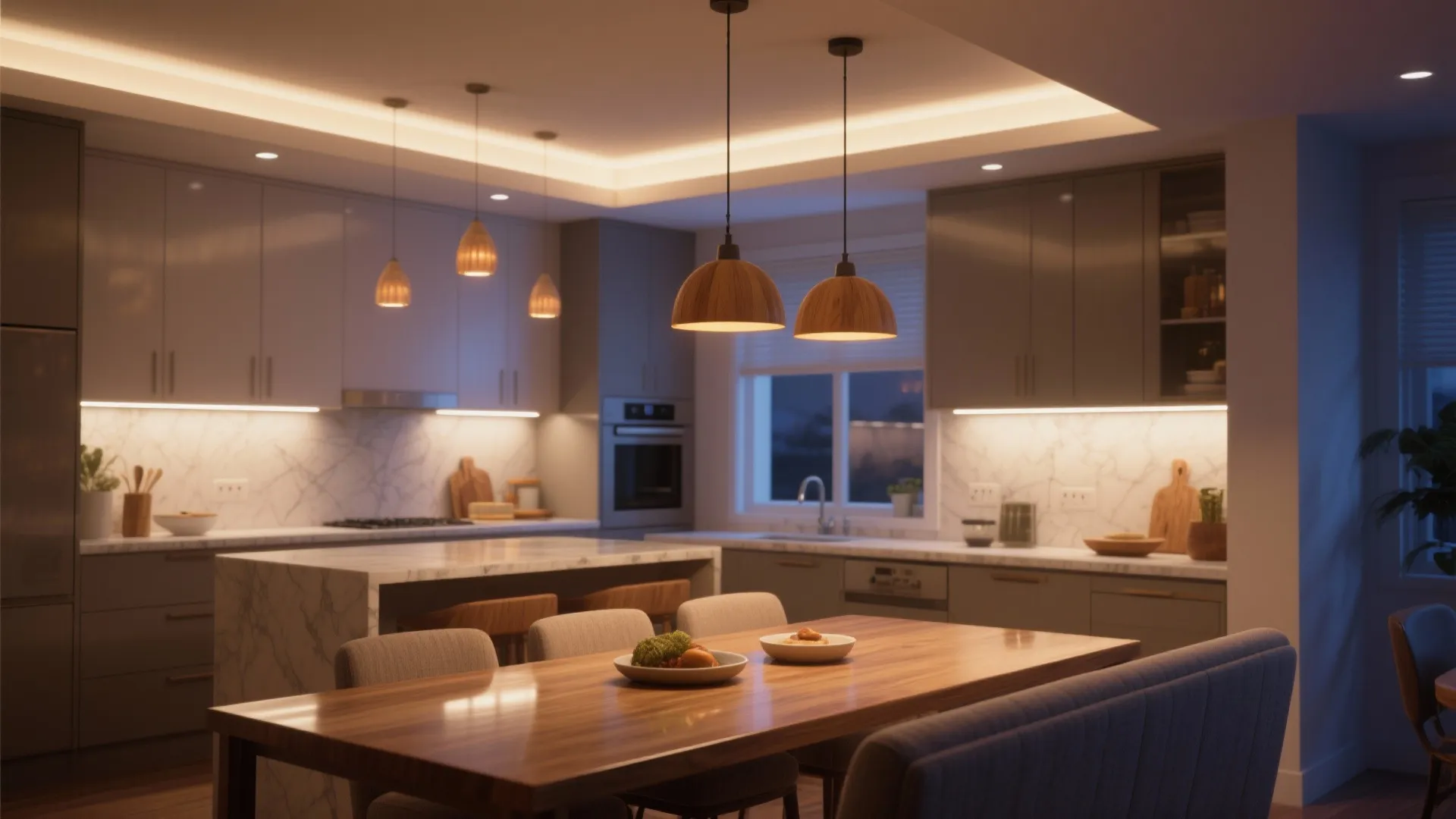 Layered lighting for cooking and dining