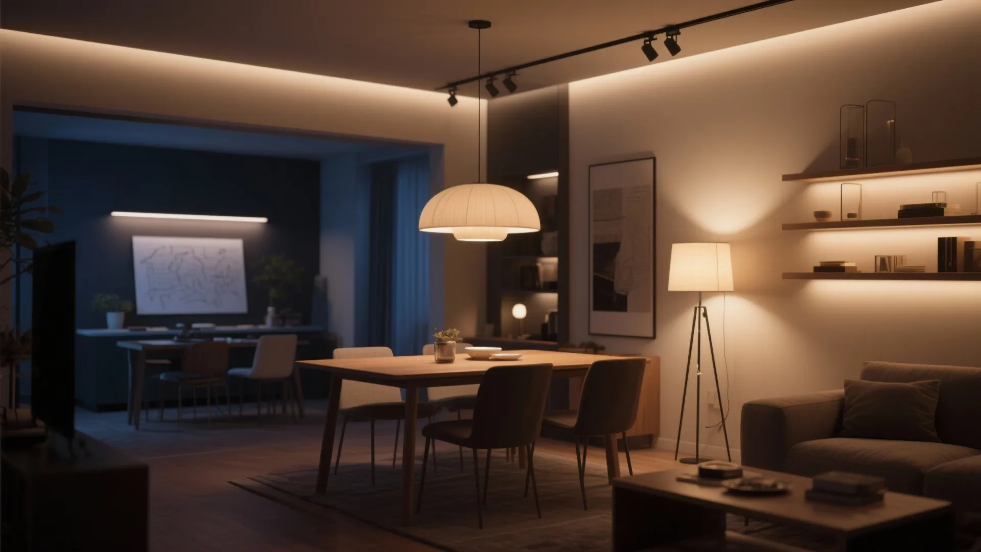 Layered, dimmable lighting that shifts with the mood