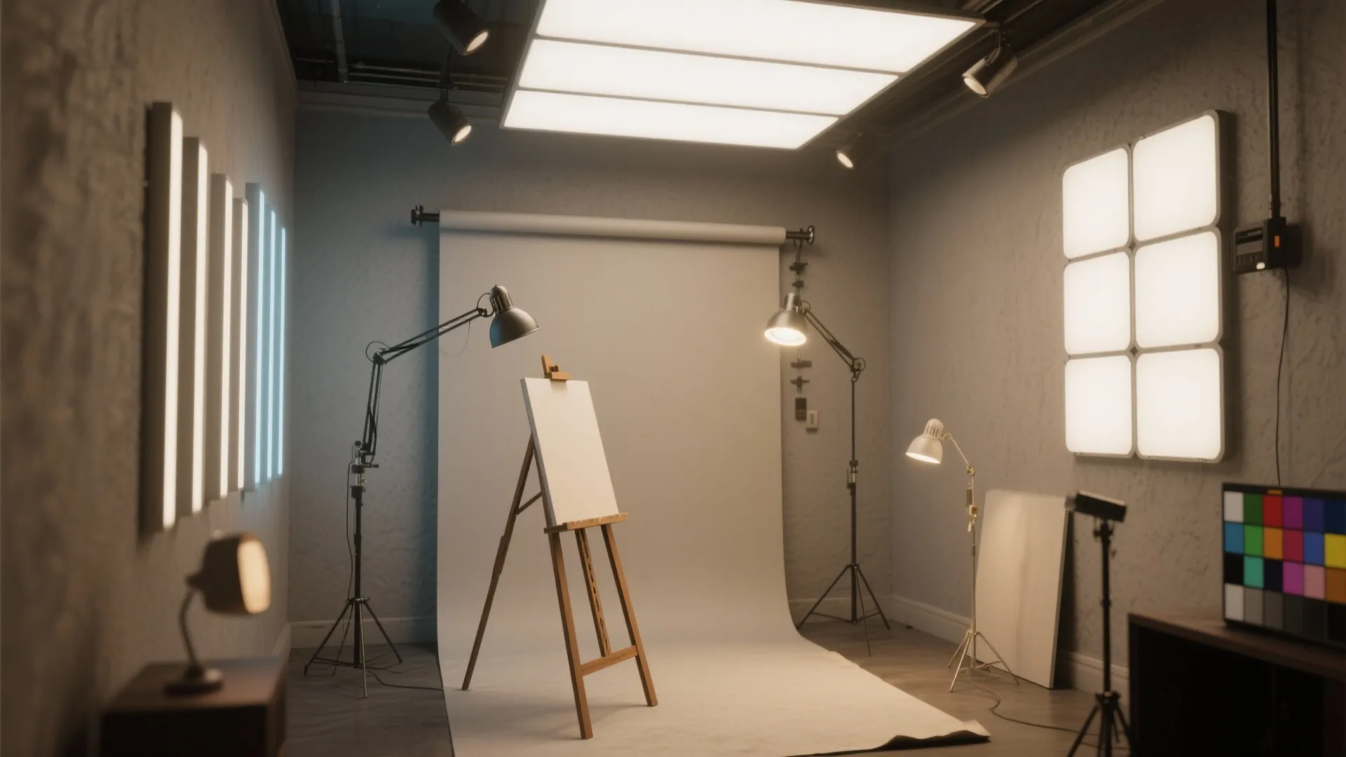 5. Layer lighting and choose a neutral backdrop