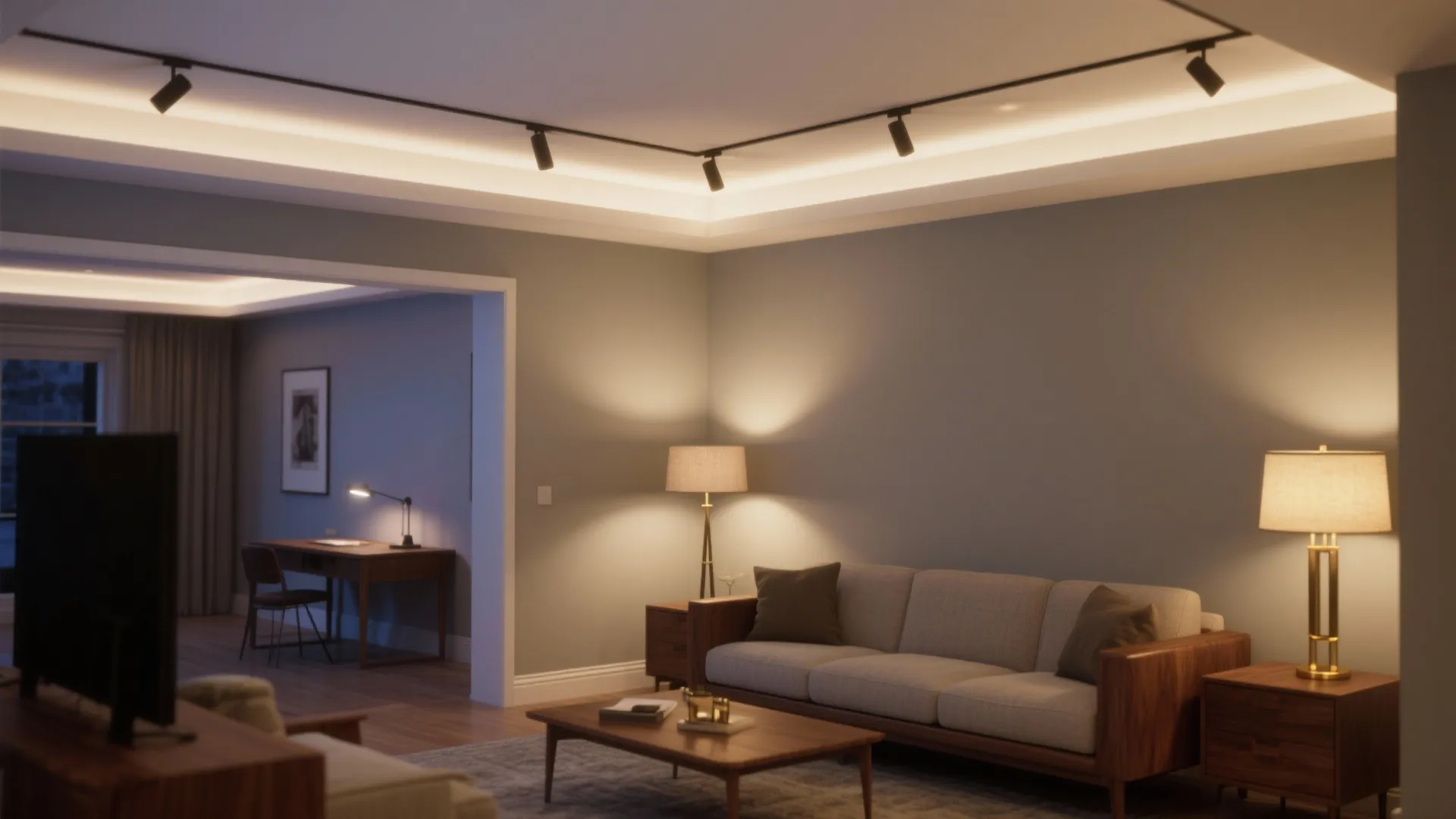 Layered lighting and calming colors for low ceilings
