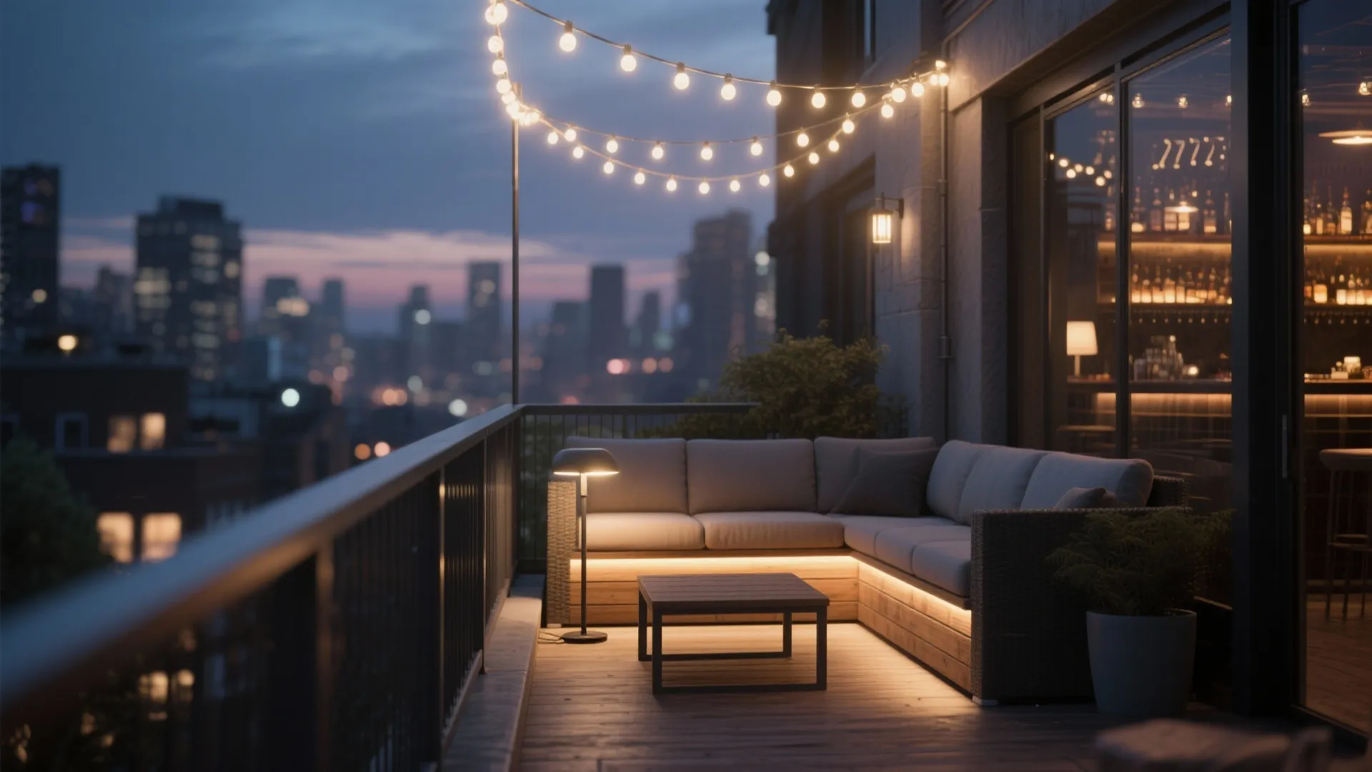 Modern balcony at night with corner sofa coffee table floor lamp and hanging warm string lights
