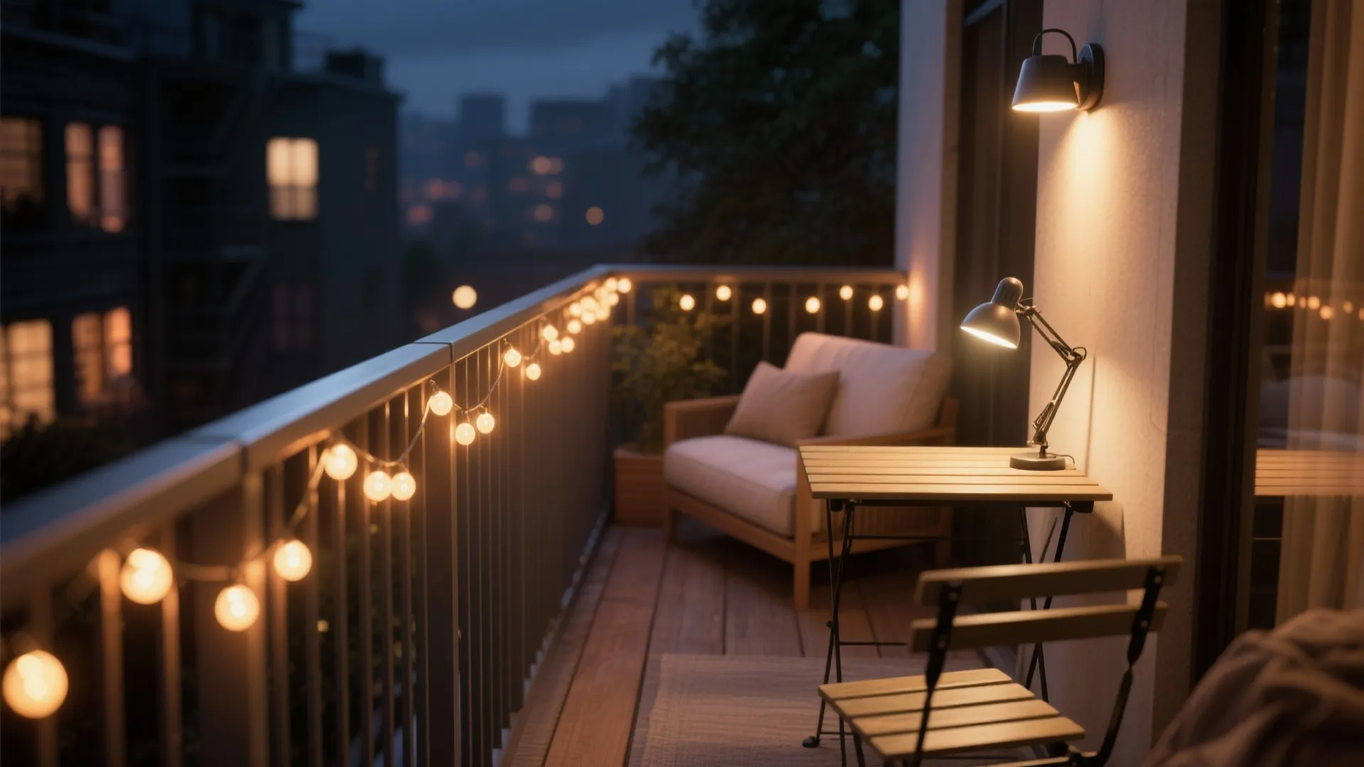 Night balcony with string lights on railing wooden table with desk lamp and cozy wall light