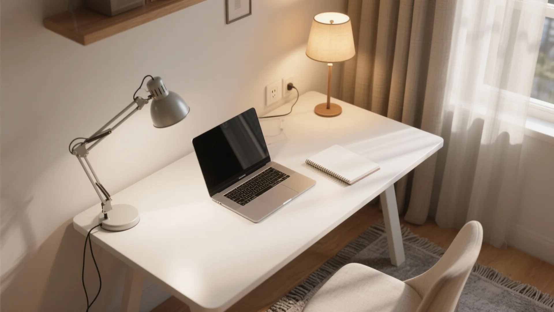 Modern white desk setup with laptop, notebook, silver desk lamp, warm table lamp, and curtains