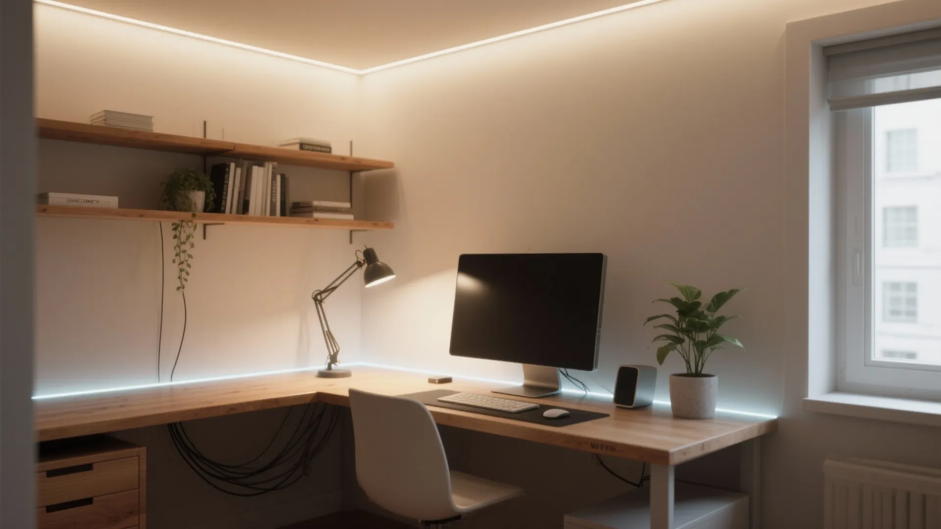 Modern home office with wooden desk computer chair desk lamp and warm glow from lights