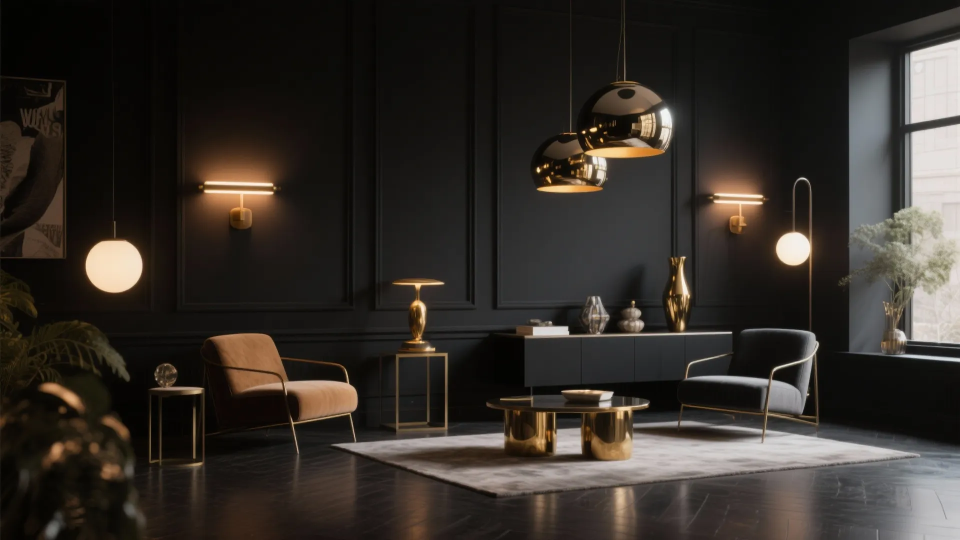 Luxury dark living room featuring gold ceiling lights wall lights and comfortable armchairs with elegant decor