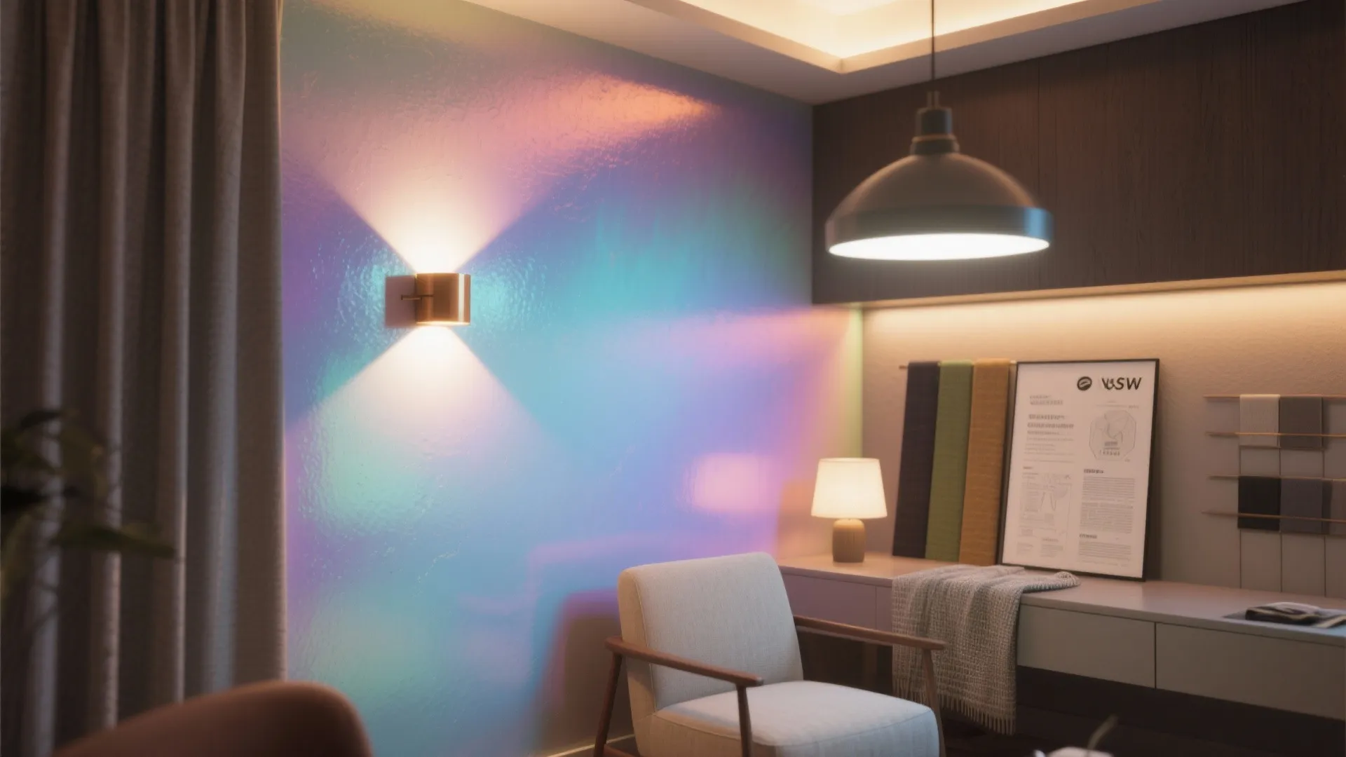 Interior showing how directional, warm, and overhead lighting reveal different undertones in iridescent paint.