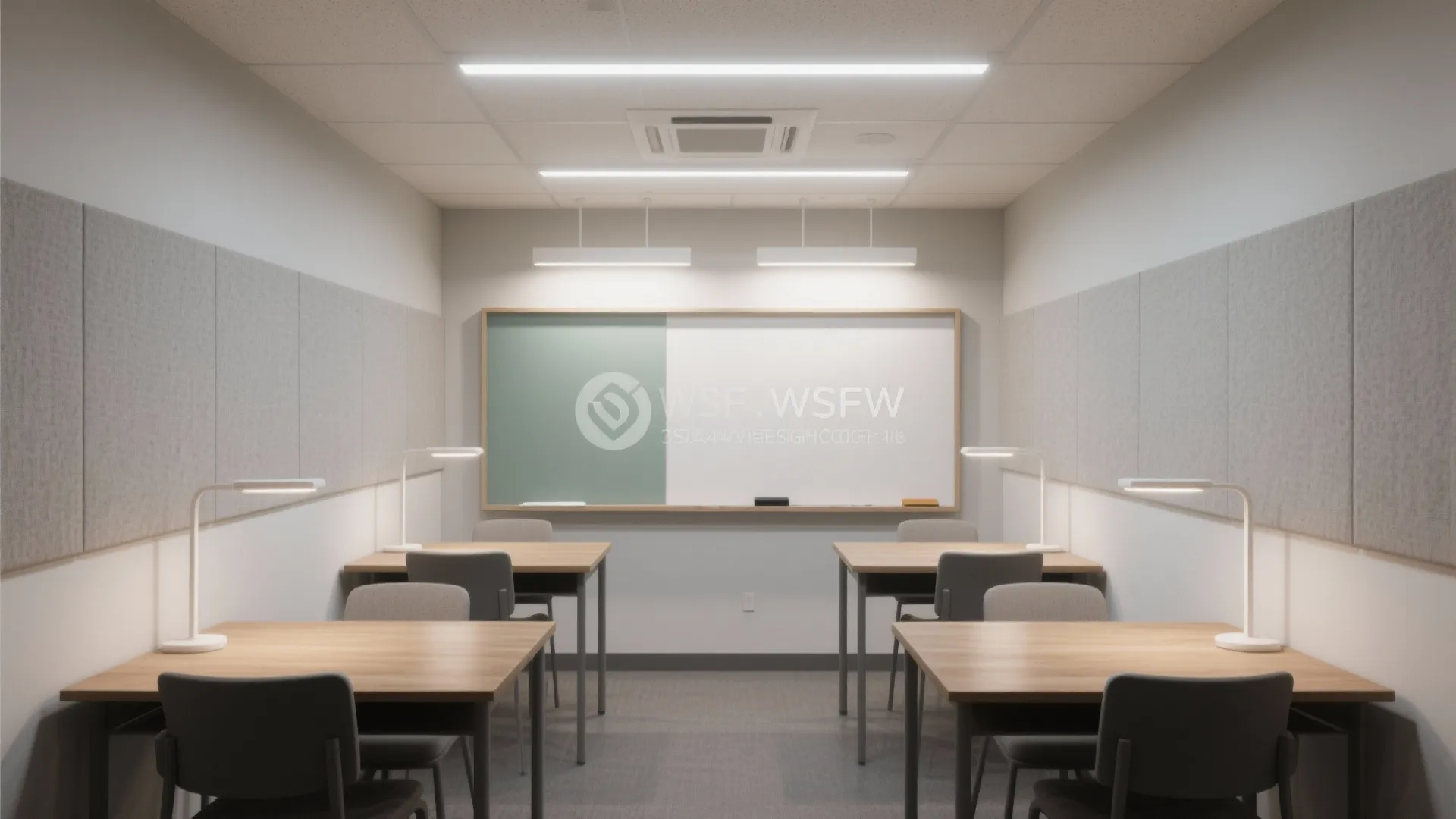 Modern classroom interior with multiple light fixtures wooden desks grey chairs and a large white board