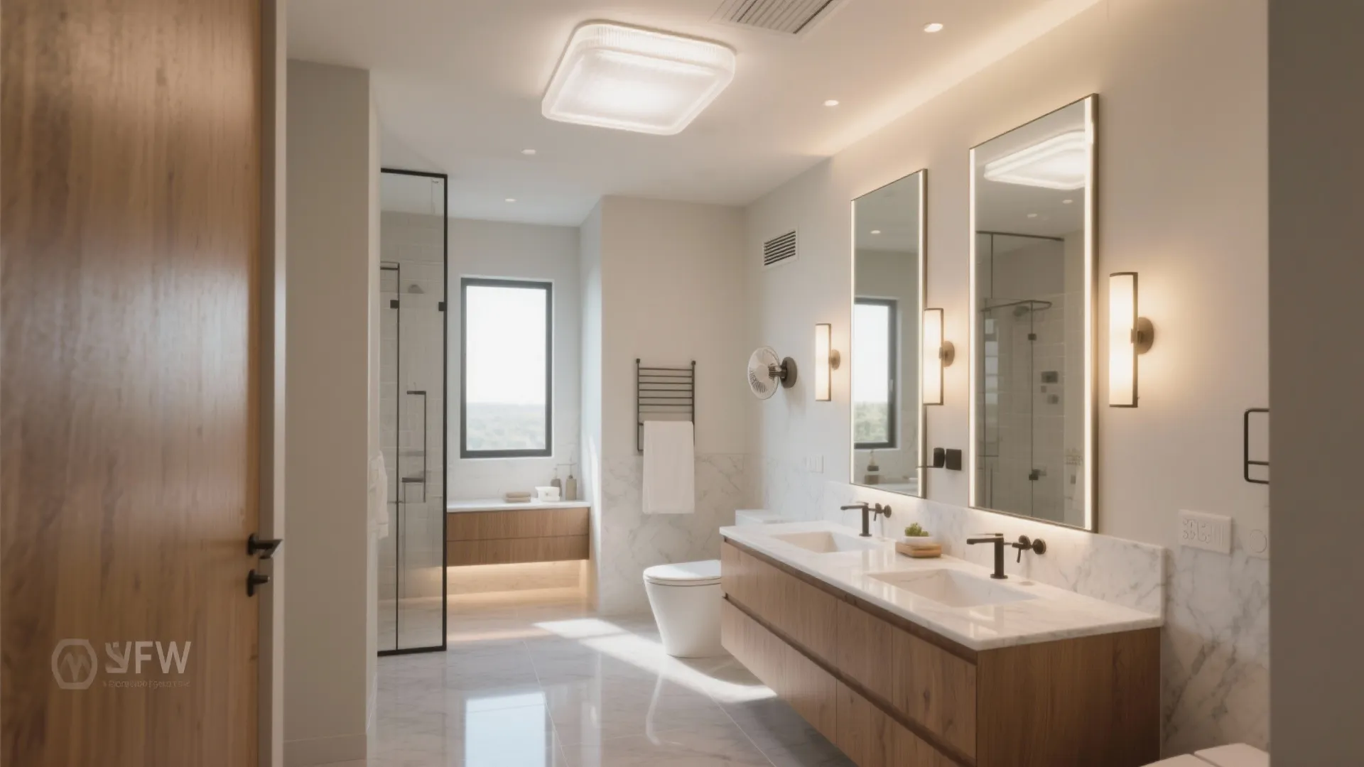 Layered lighting, ventilation, and mirrors that stretch space