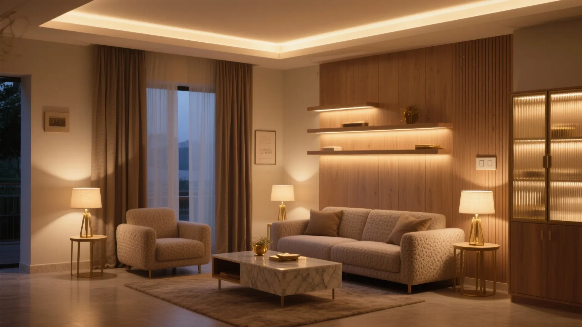 Evening living room with warm cove lights, under-shelf LEDs, and soft lamp pools for layered ambience