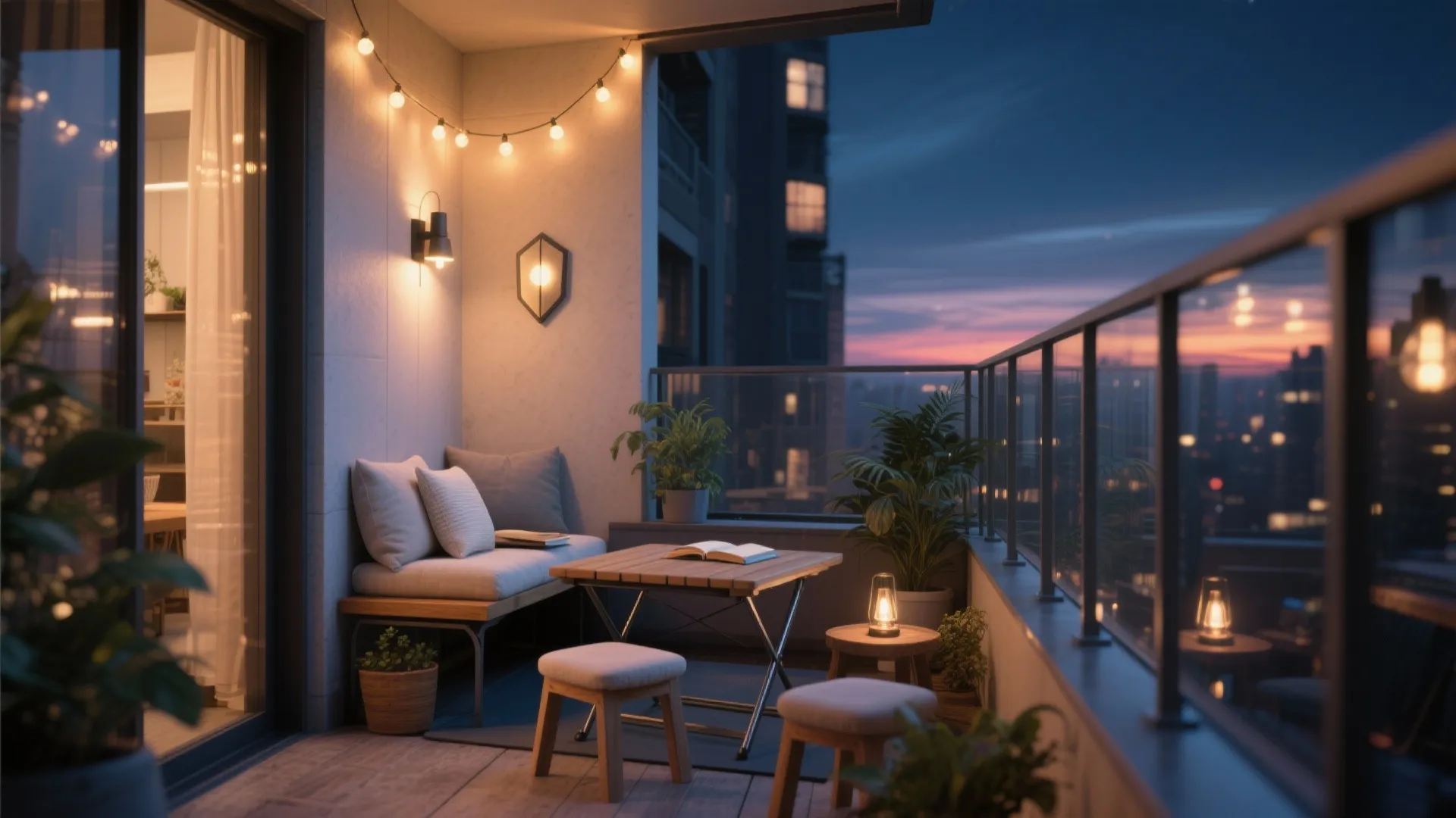 Cozy apartment balcony at night with string lights small wooden table stools and potted plants