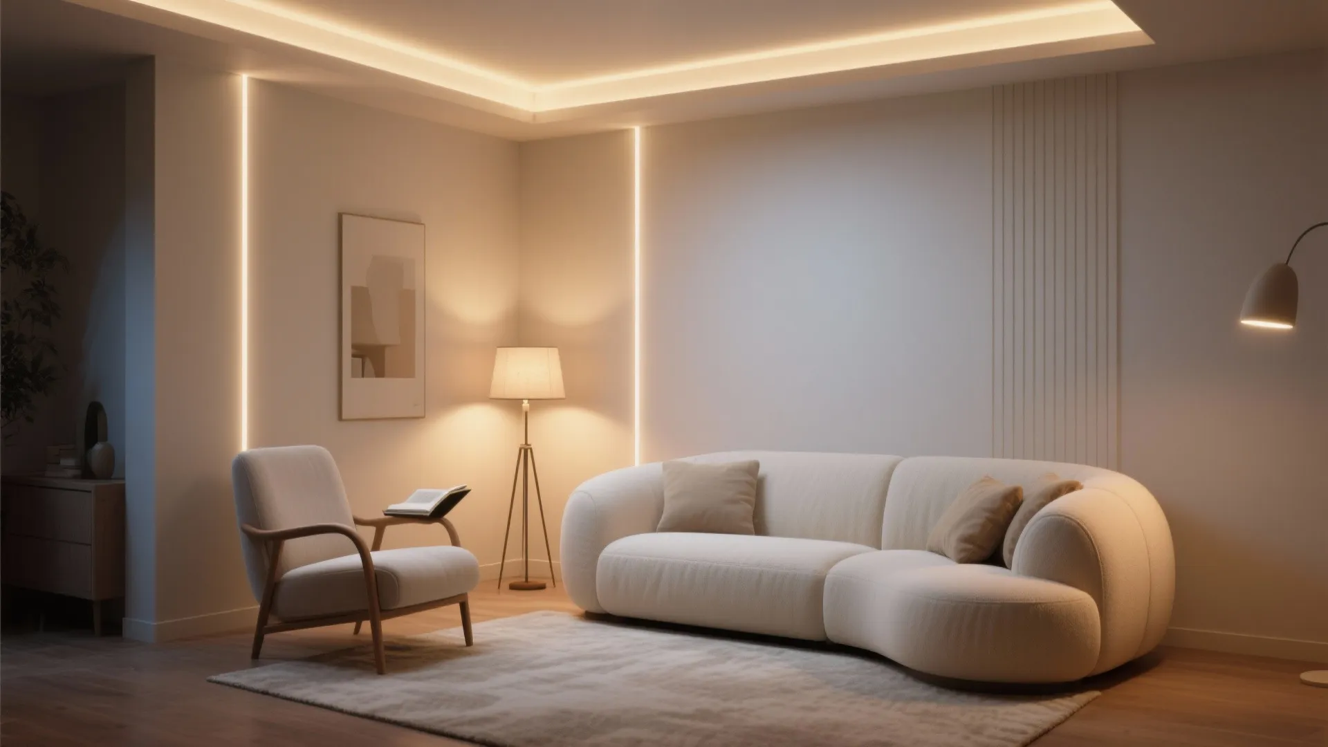 Minimalist living room with white curved sofa floor lamp wall light strip and soft warm lighting