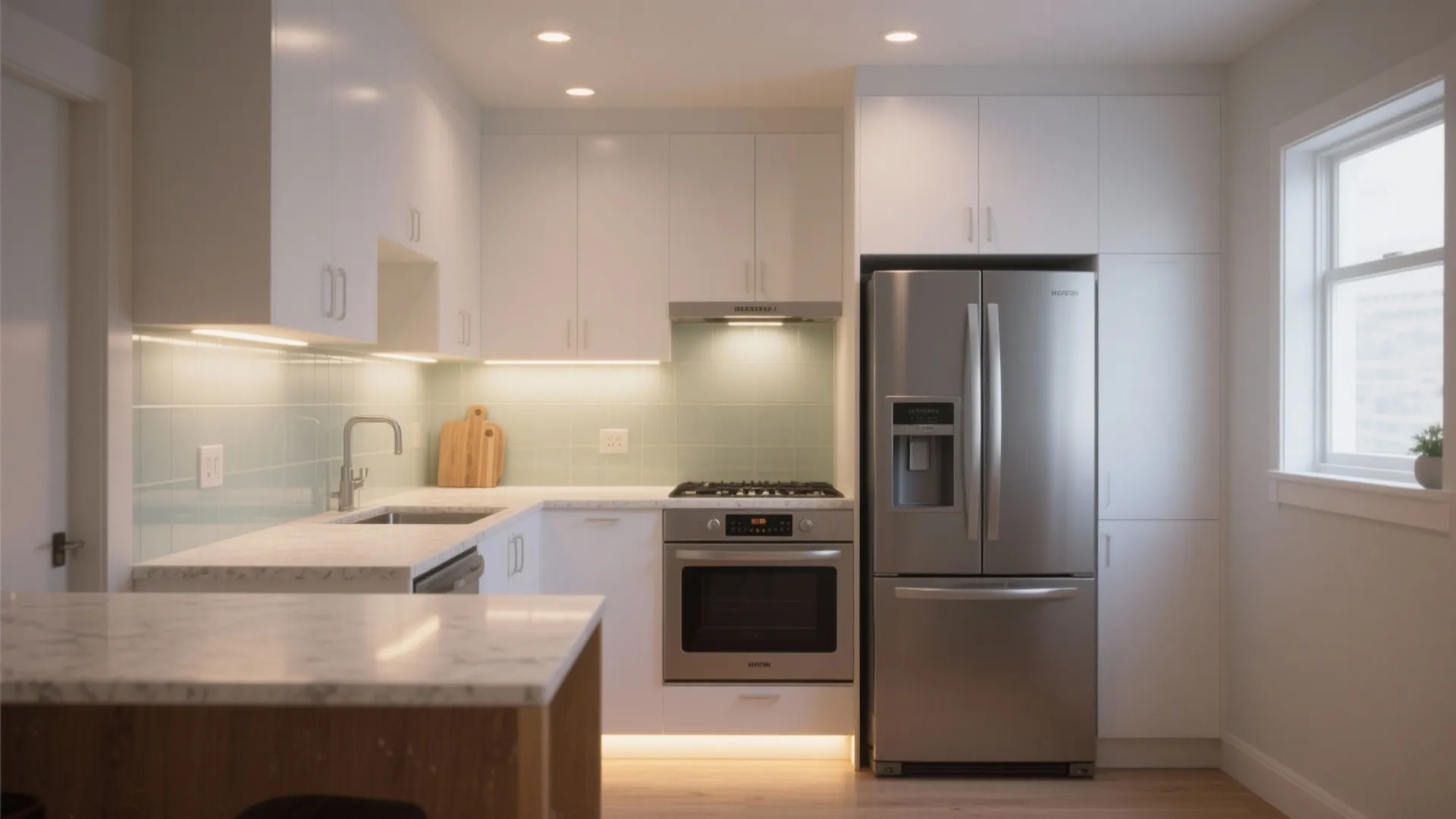 Layered lighting and slim appliances for small footprint