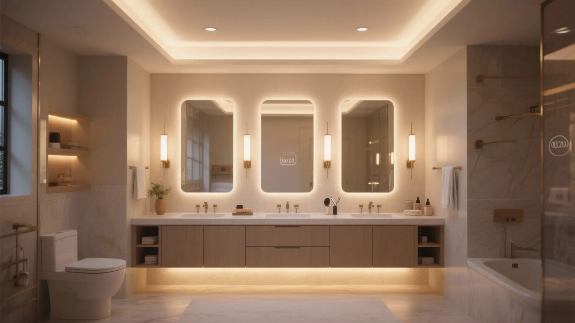 Modern bathroom with three backlit mirrors wooden cabinet toilet bathtub and warm recessed ceiling lights