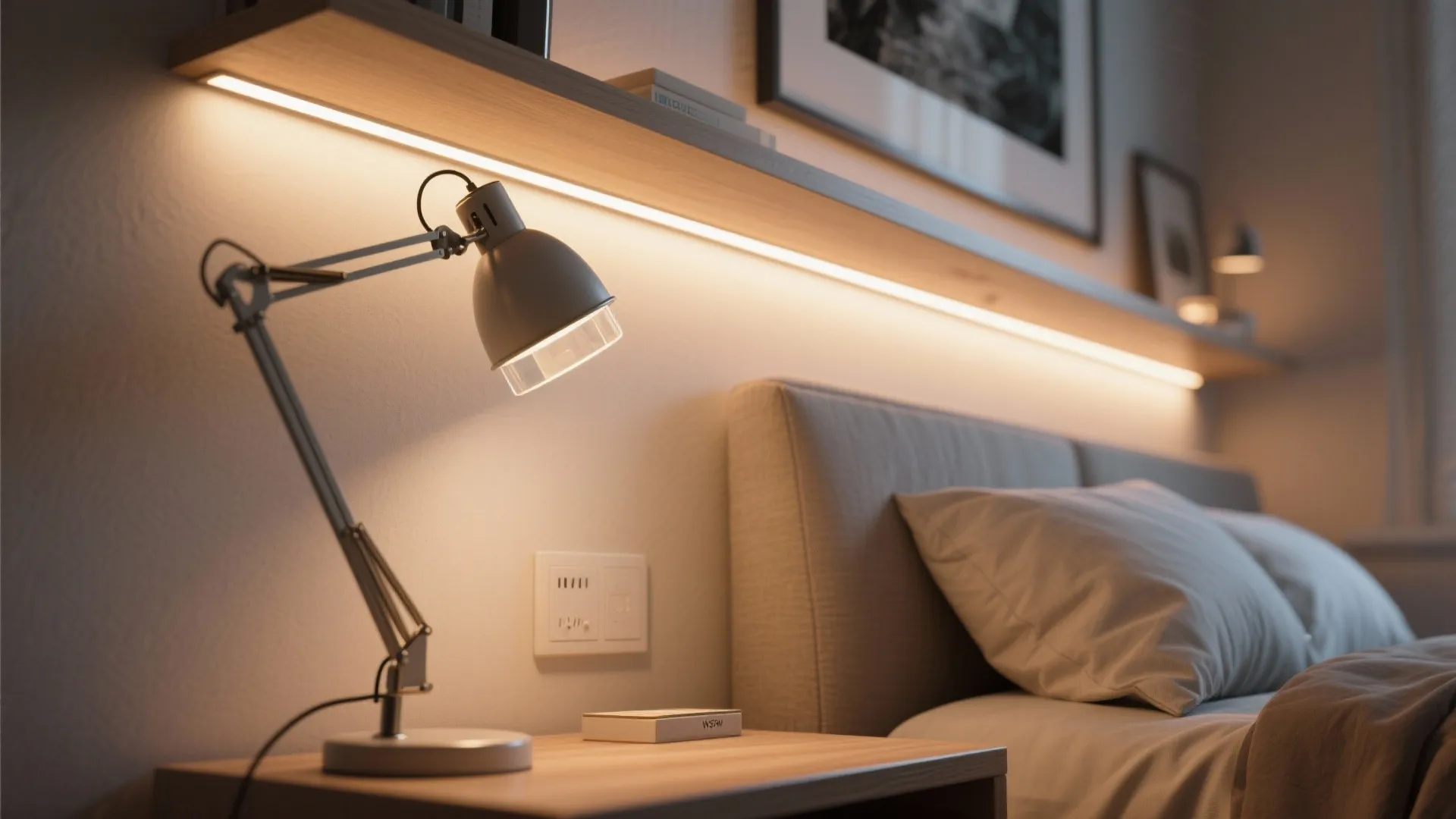 Close-up of layered bedroom lighting: bedside lamp, LED strip, and wall washer creating warm mood lighting.