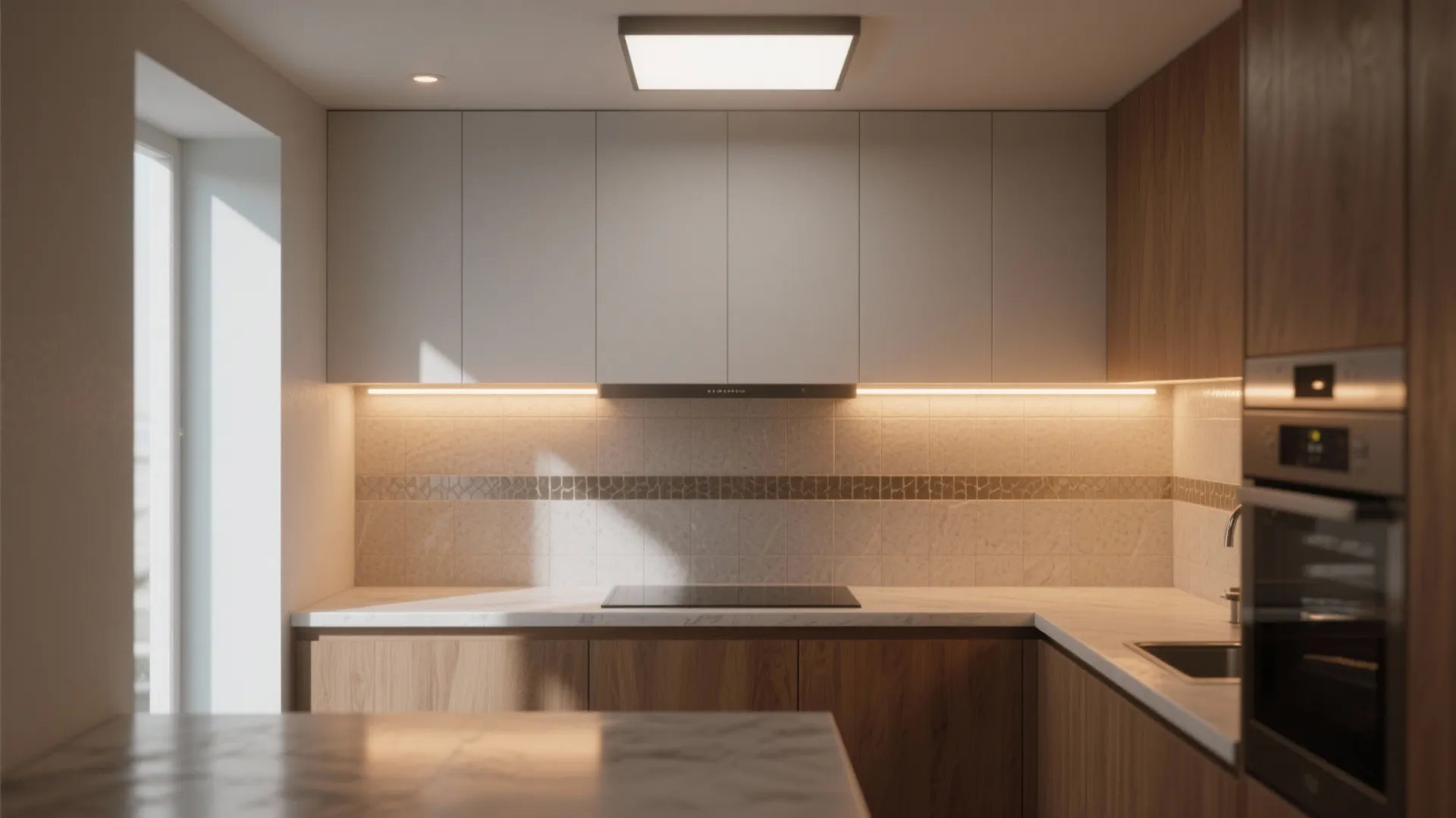 Modern kitchen featuring white upper cabinets with warm under cabinet light and wood lower cabinets