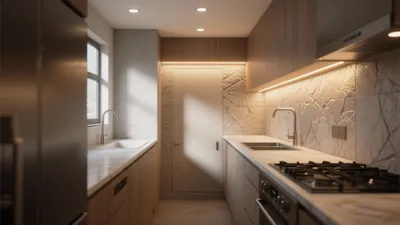 Modern Narrow Kitchen with Warm Wood & Marble Accents