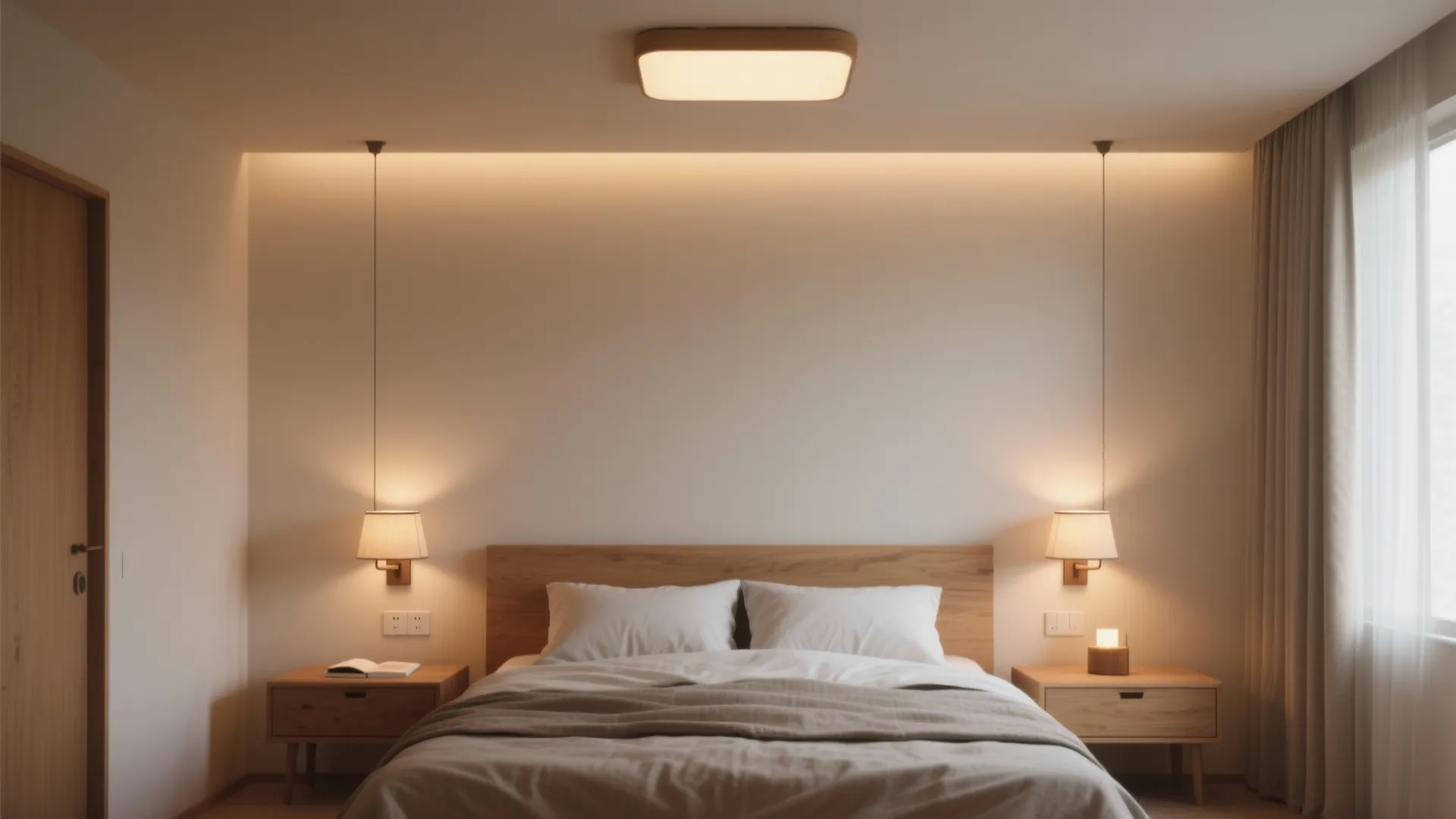 Minimalist bedroom with warm ceiling light and two wall lights over bedside wooden storage cabinets
