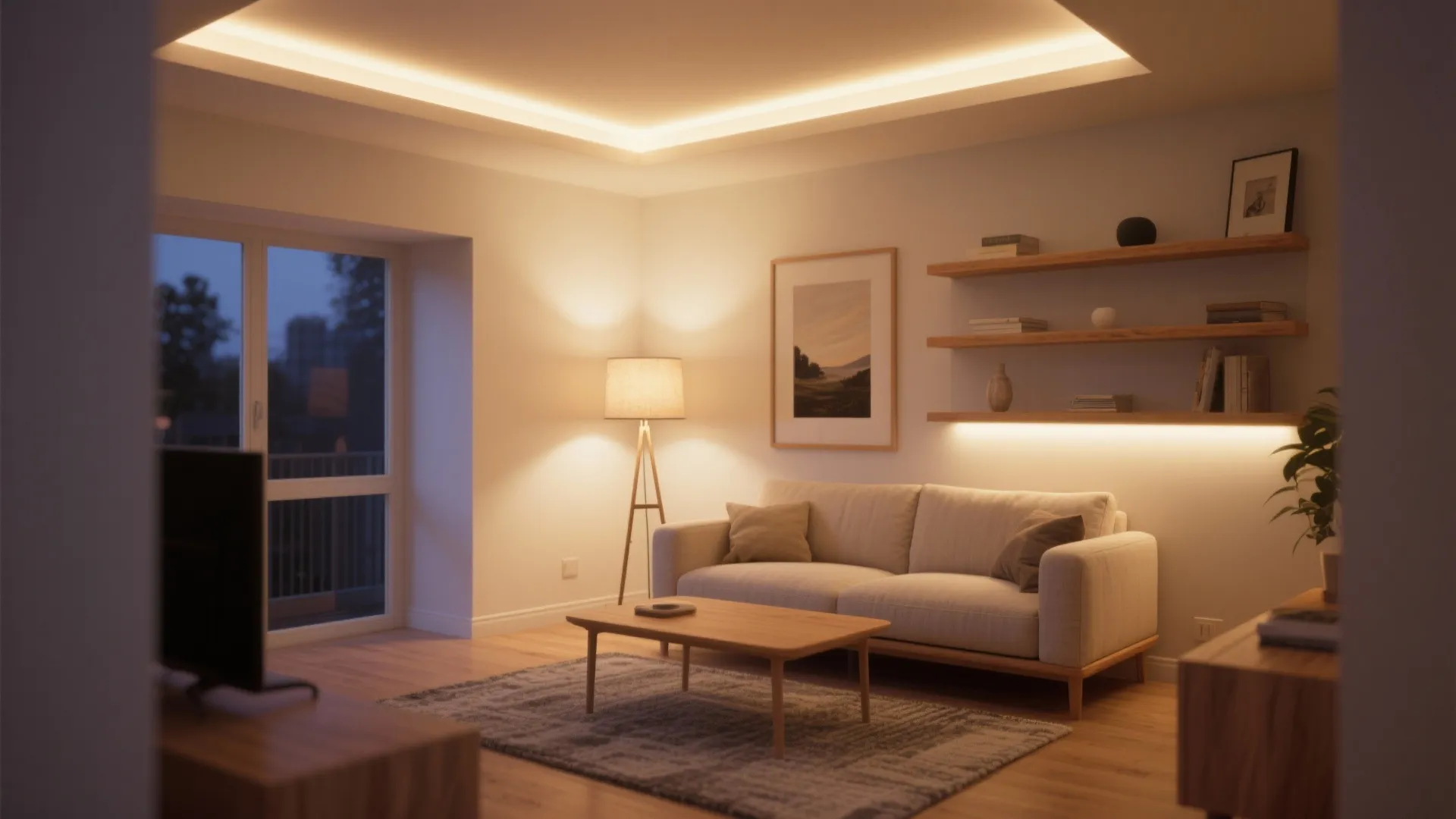 Modern living room with warm light fixture wooden coffee table grey rug and beige sofa