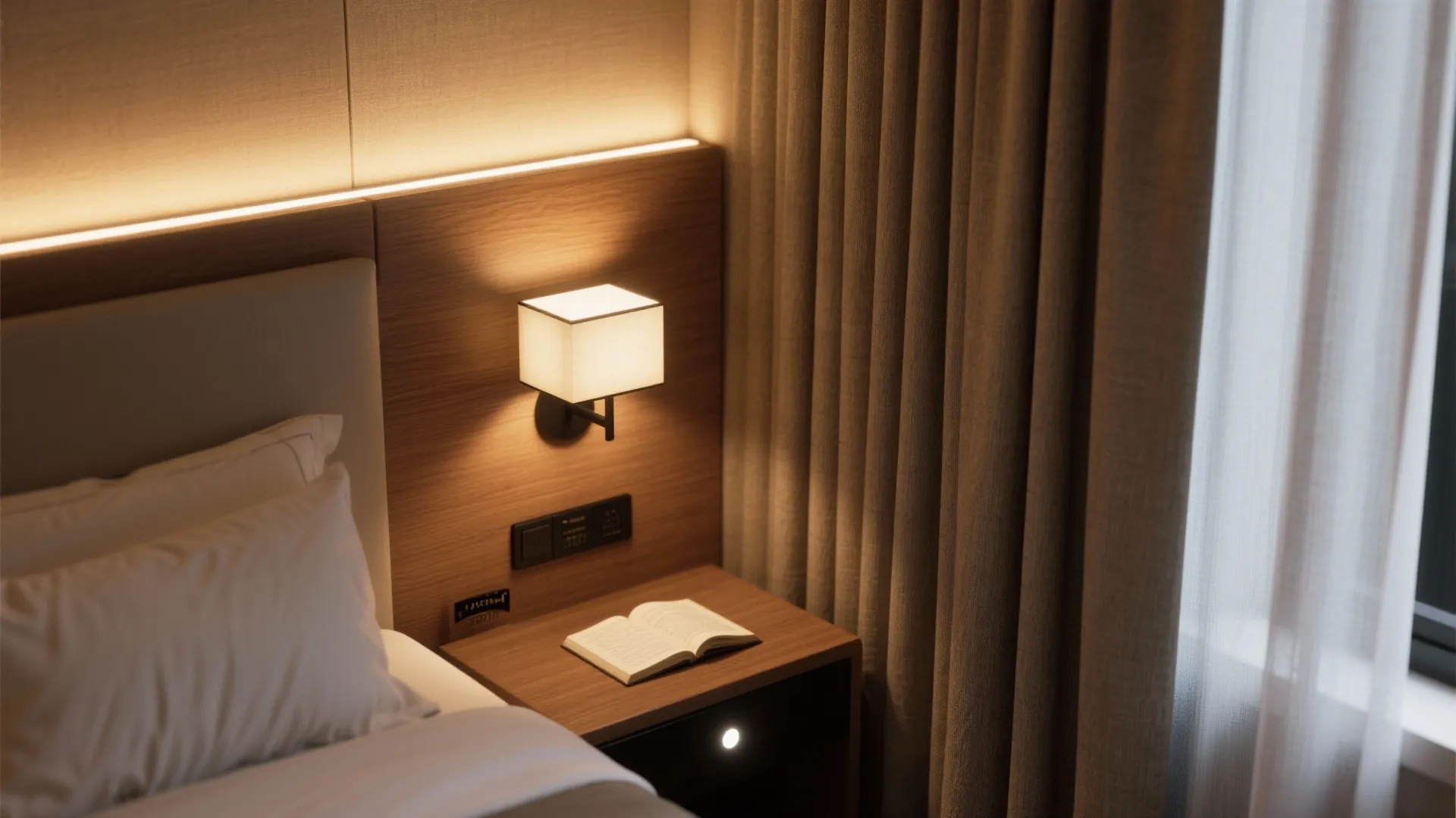 Warm bedroom lighting with a square wall light above a wooden nightstand and open book