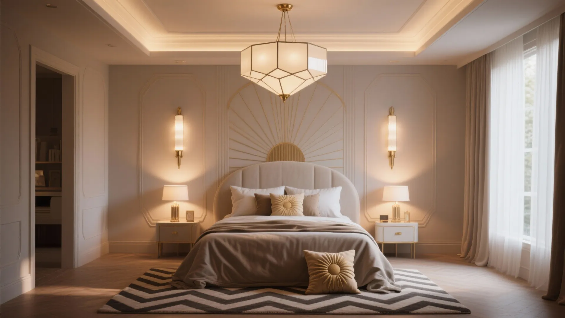 Layered lighting and streamlined Deco patterns