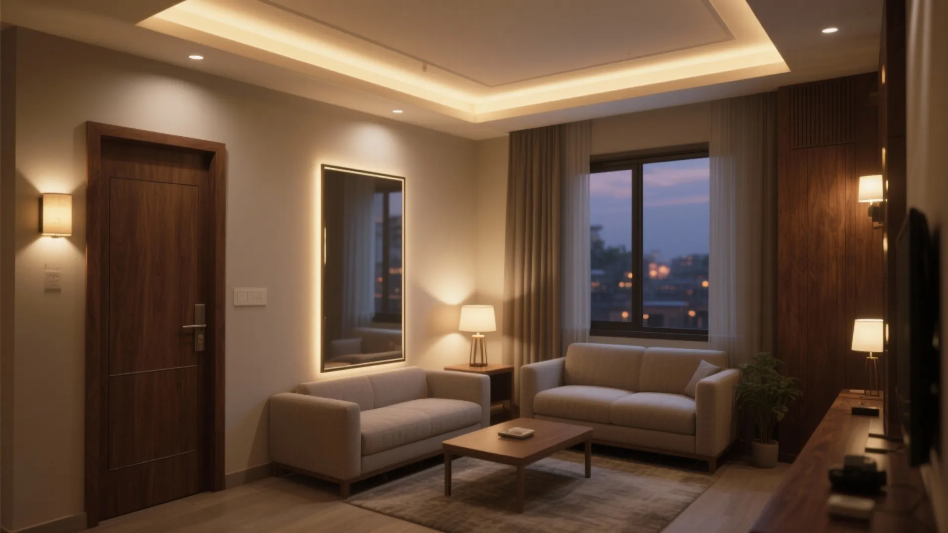 Layered lighting and mirrors for quiet luxury