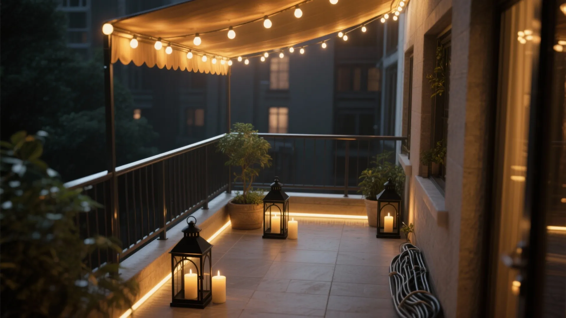 Cozy balcony design with hanging string lights floor candles in lanterns and outdoor strip light