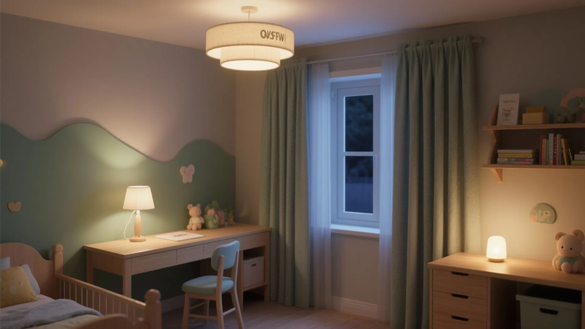 Childrens bedroom at night featuring ceiling light desk lamp green curtains and wooden study desk