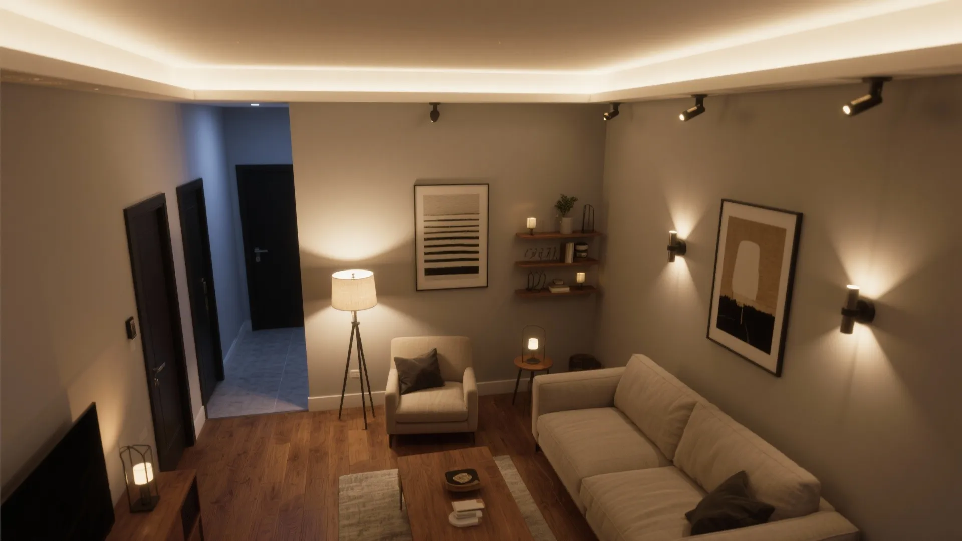 Modern living room showing sofa armchair floor lamp wall lights and ceiling light fixtures glowing