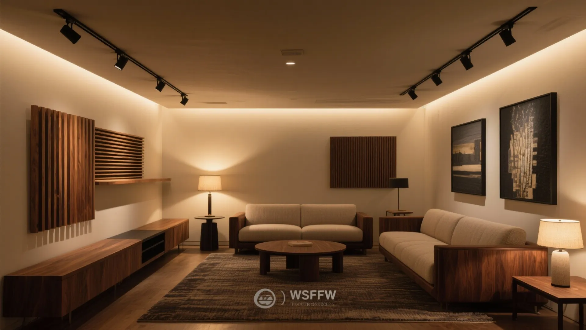 Modern living room featuring warm track light fixture wall light table lamp and grey area rug